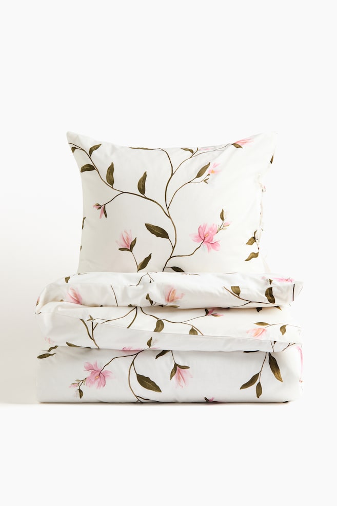 Cotton single duvet cover set - White/Floral/Light beige/Floral - 1