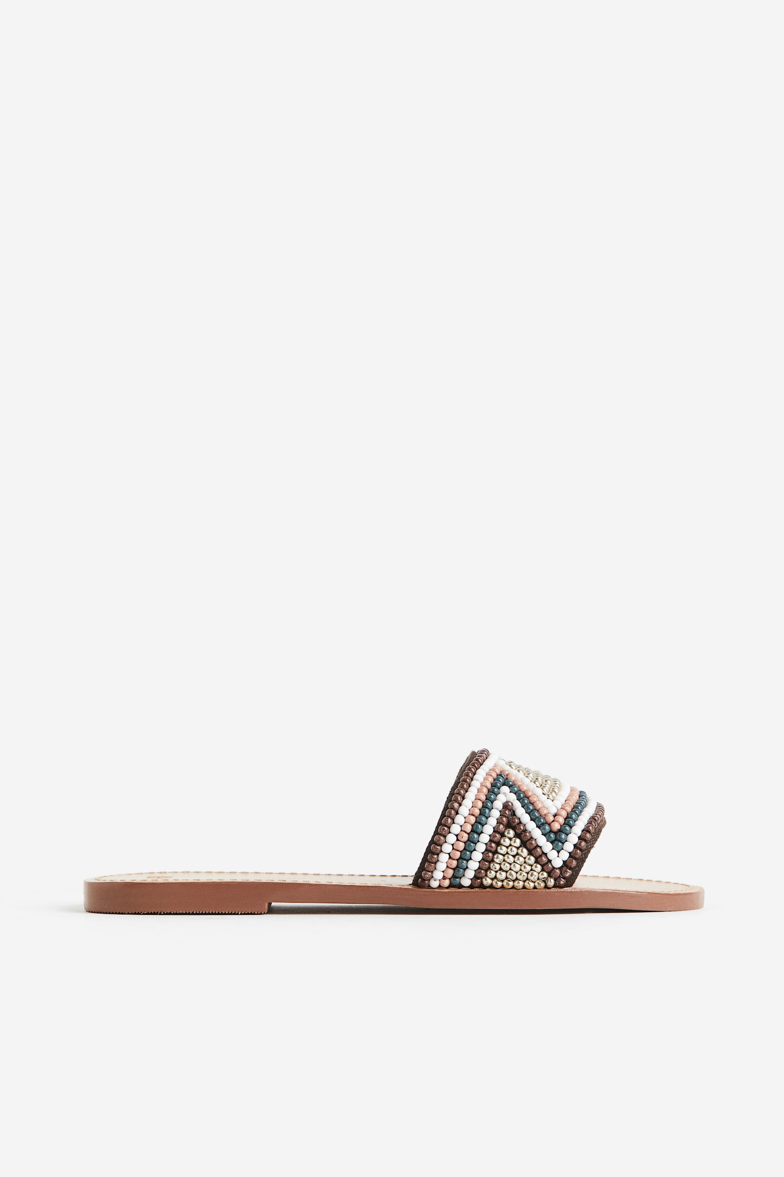 Bead Detail Leather Sandals - Beige/Pattern - 1