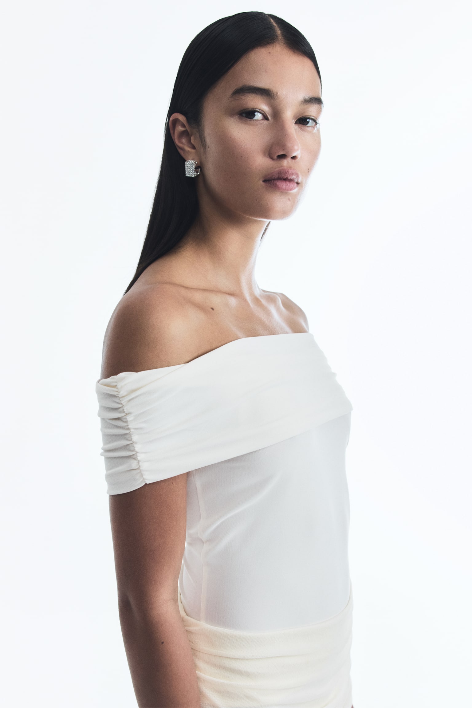 Draped Off The Shoulder Top - Cream/Black/Light pink - 6