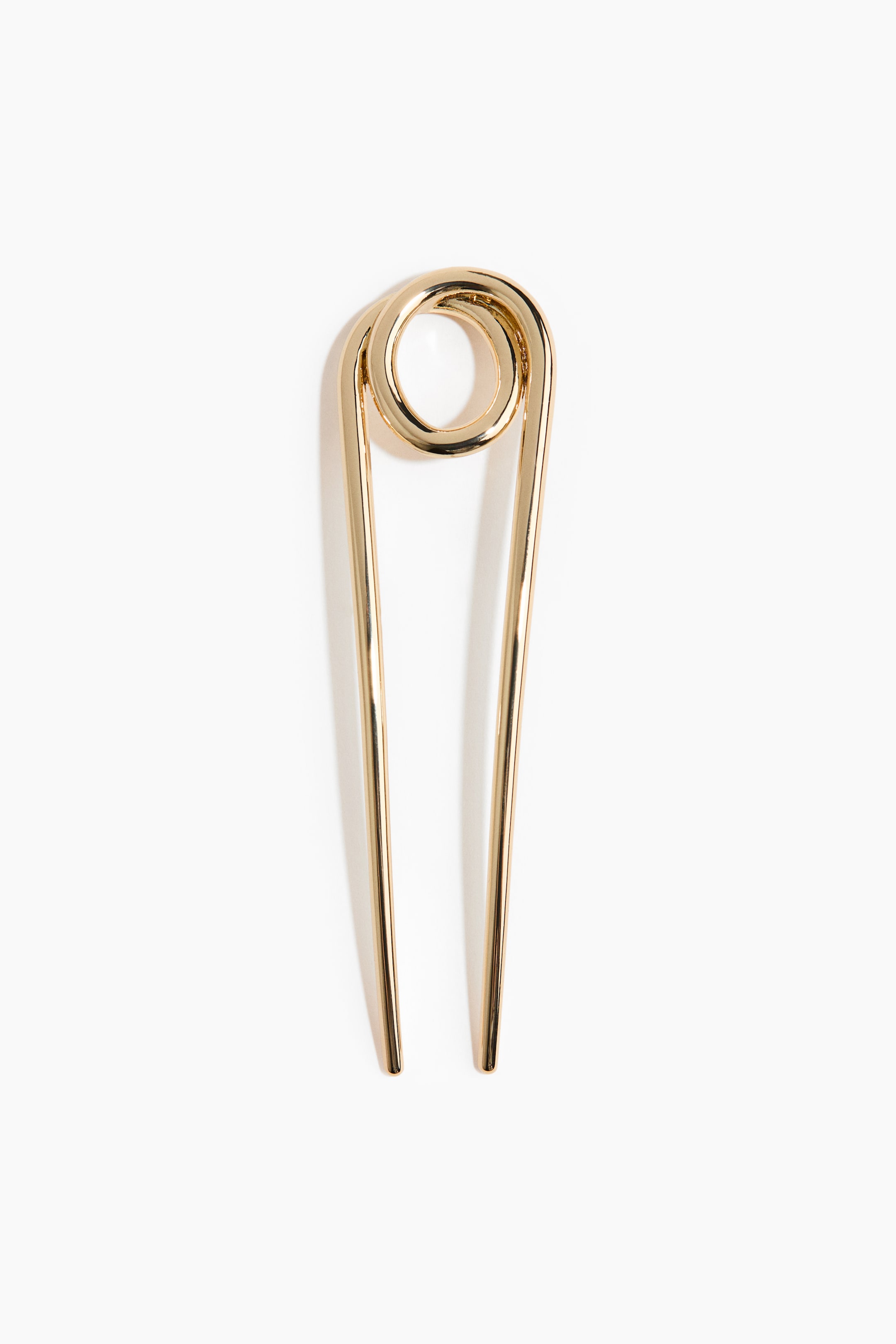 View larger image: A gold-toned hairpin is showcasing its front view, highlighting a double-looped top section from which two smooth, straight prongs extend downwards.