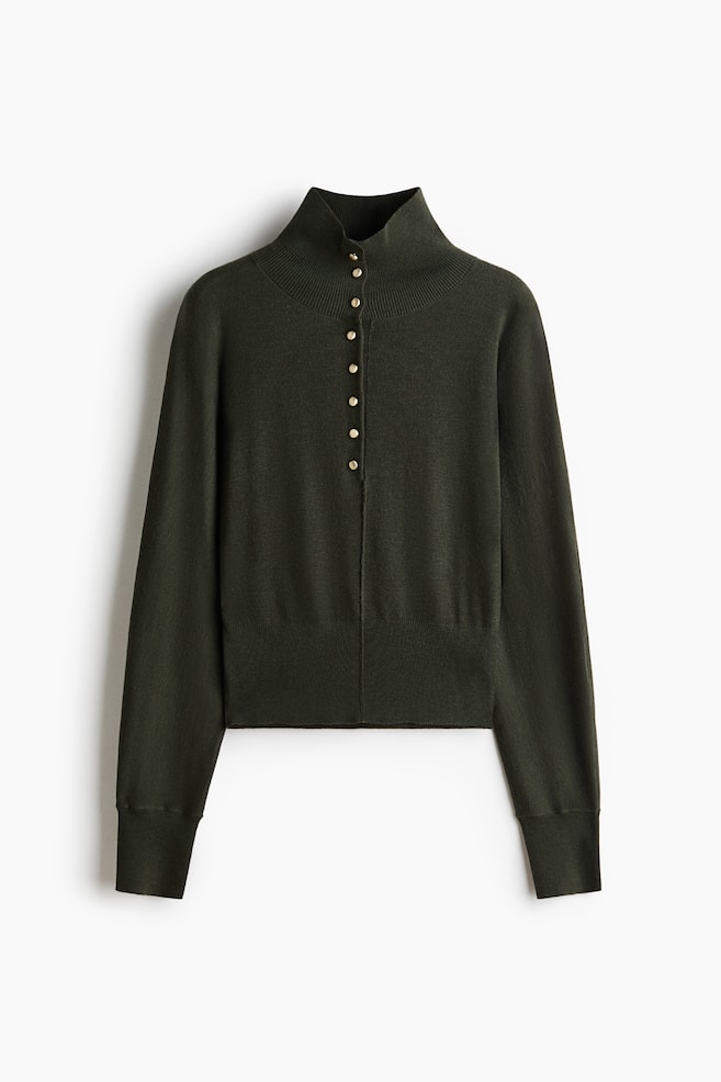 Fine-knit turtleneck jumper - Dark khaki green/Black/Light yellow - 1