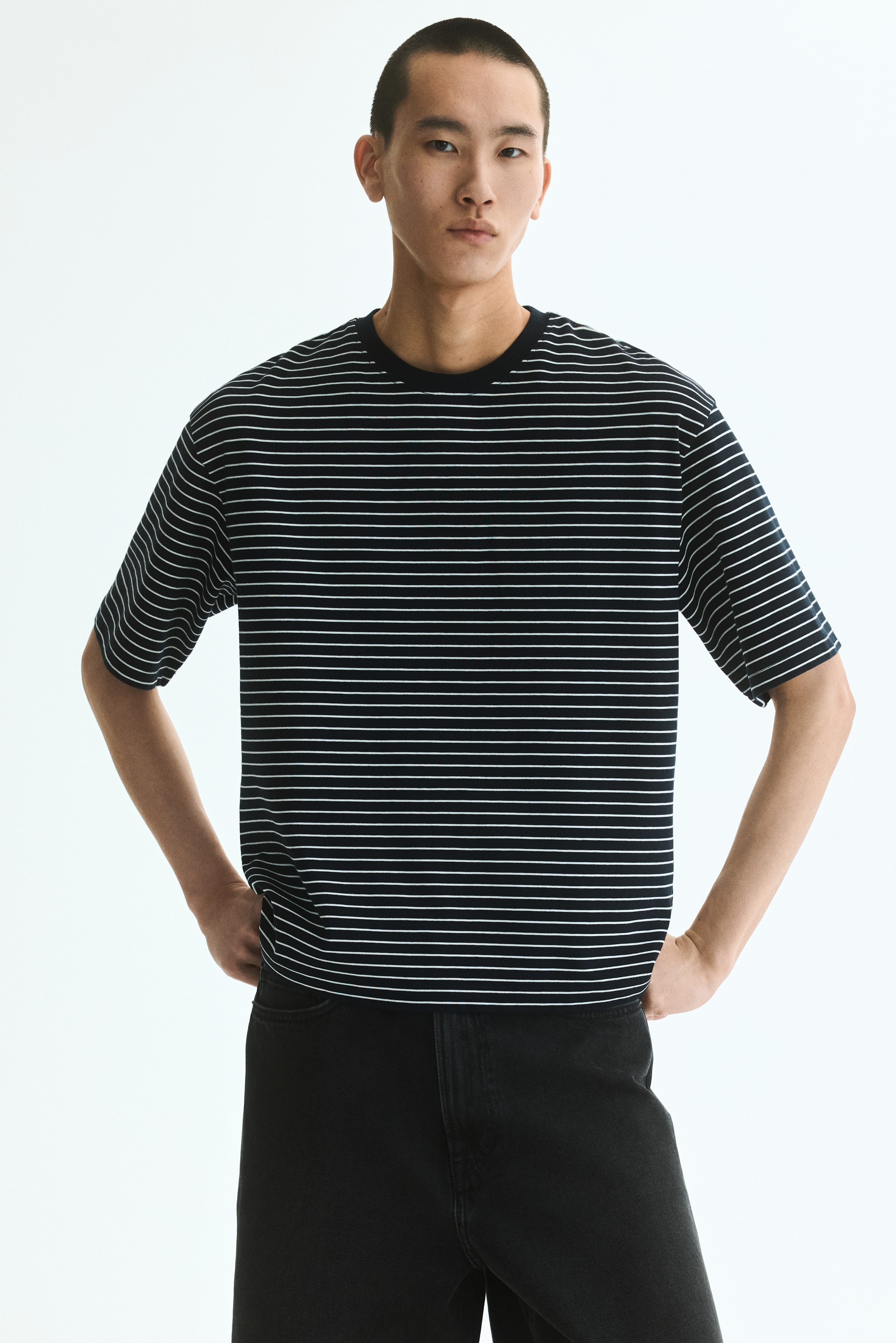 Pamučna majica četvrtastog kroja Relaxed Fit - Teget/pruge/Bela/pruge/Krem/smeđa/pruge