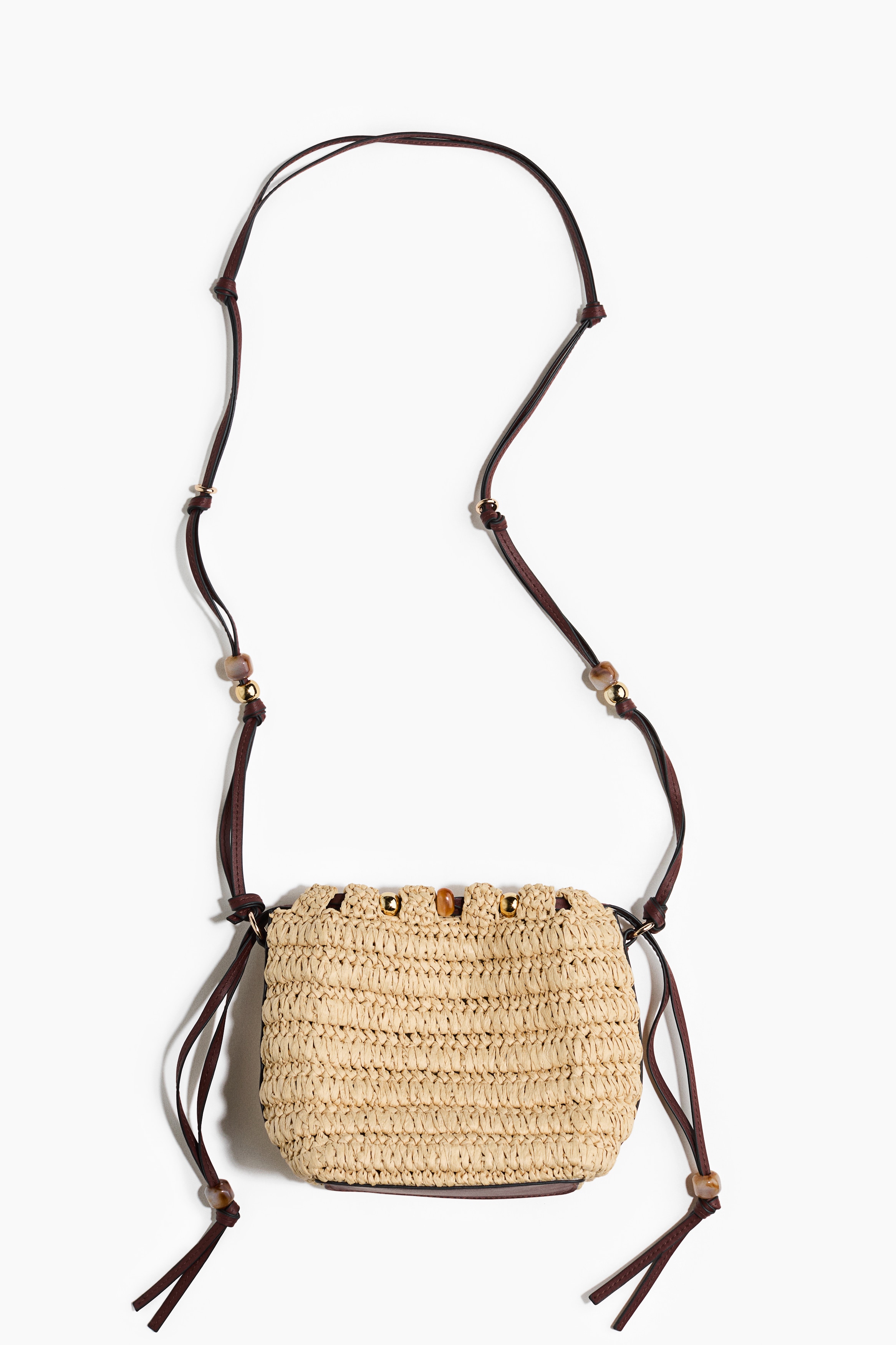 Bead-Detail Straw Crossbody Bag - Beige/dark brown
