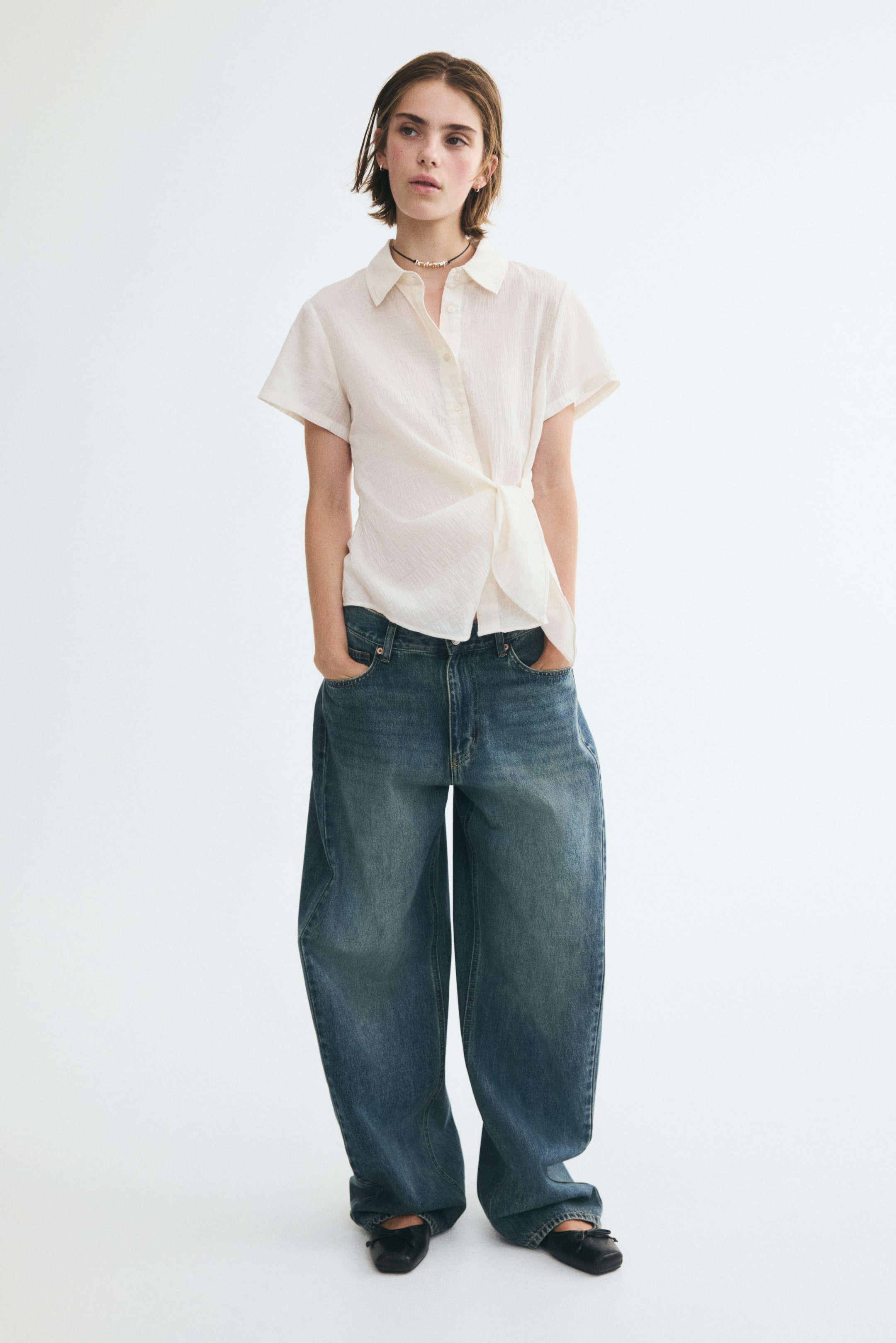 Smocked Tie-Detail Shirt