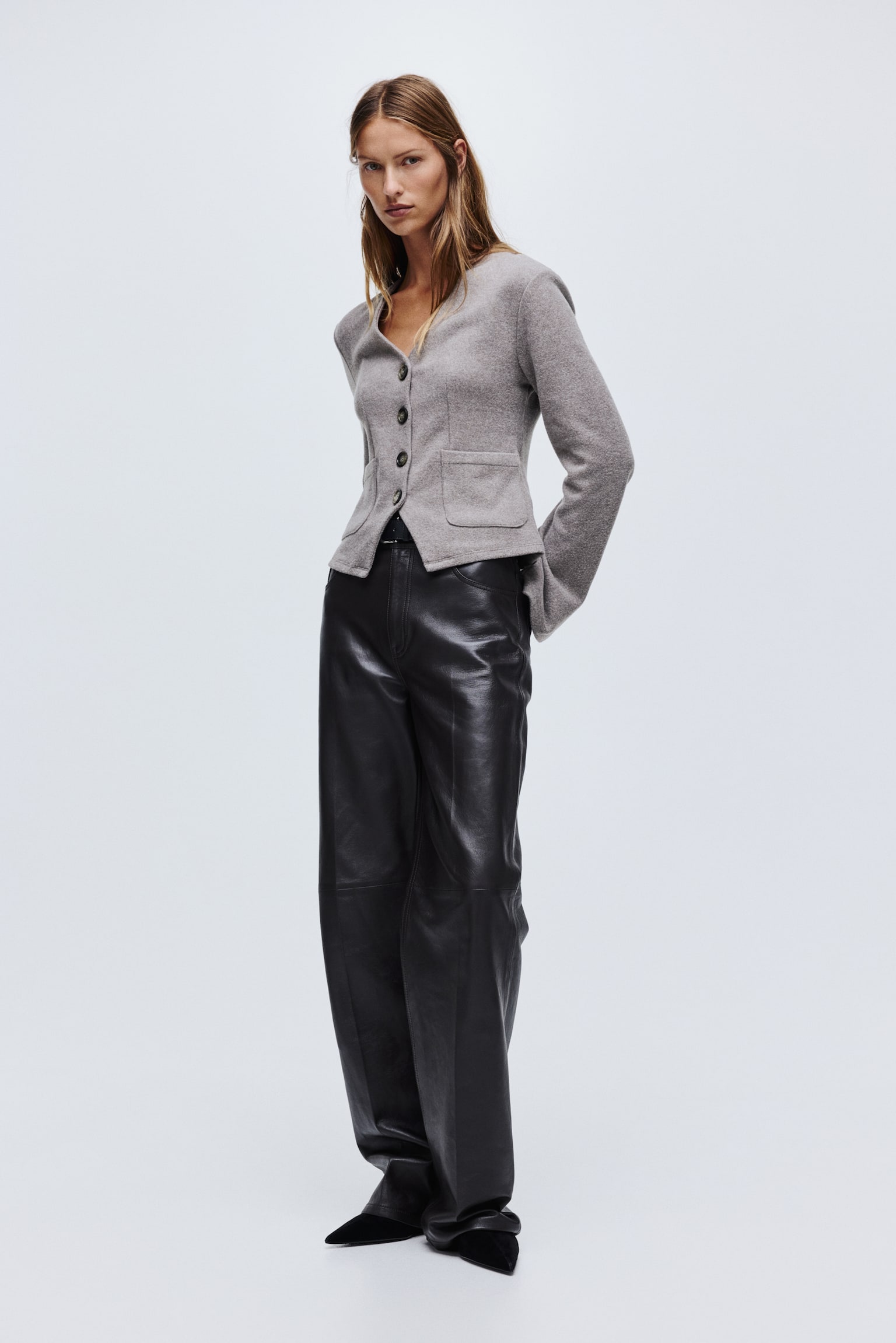 Sveter z rebrovaného úpletu - Sivobéžová melírovaná/Tmavosivá melírovaná - 4