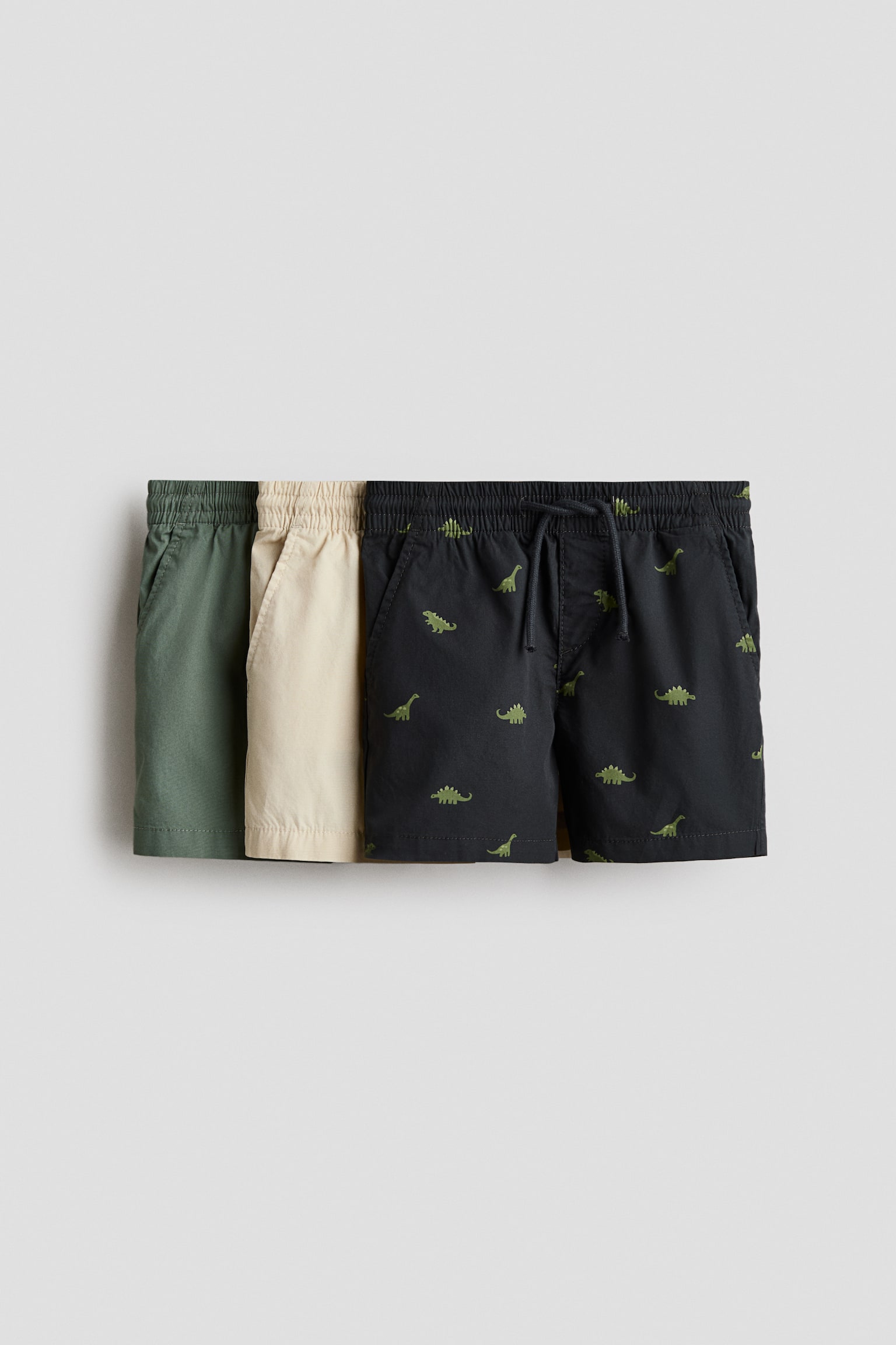 3-pack bomullsshorts - Mörkgrå/Dinosaurier/Beige/Randig