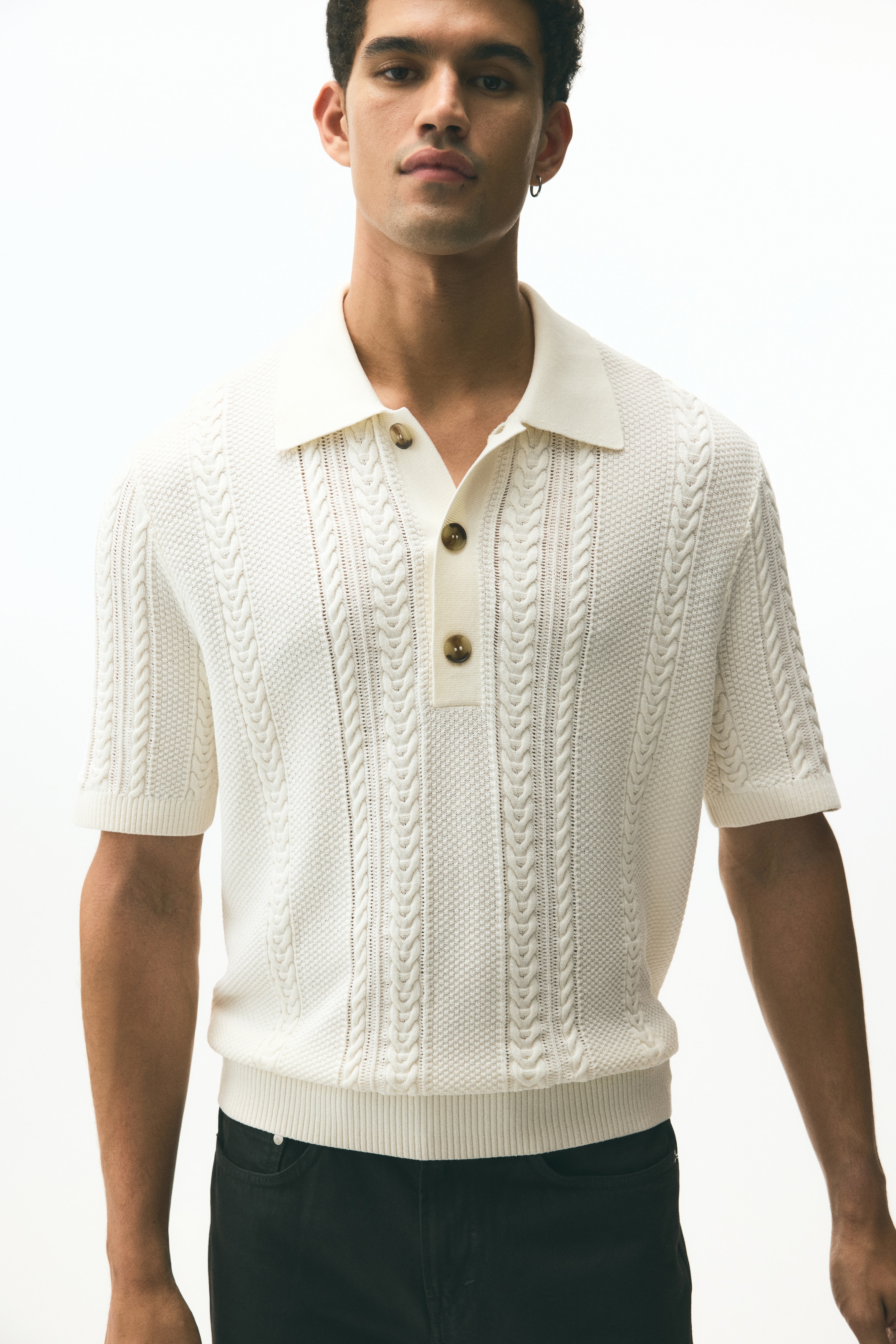 Regular Fit Cable-knit polo shirt - Cream - Men | H&M US