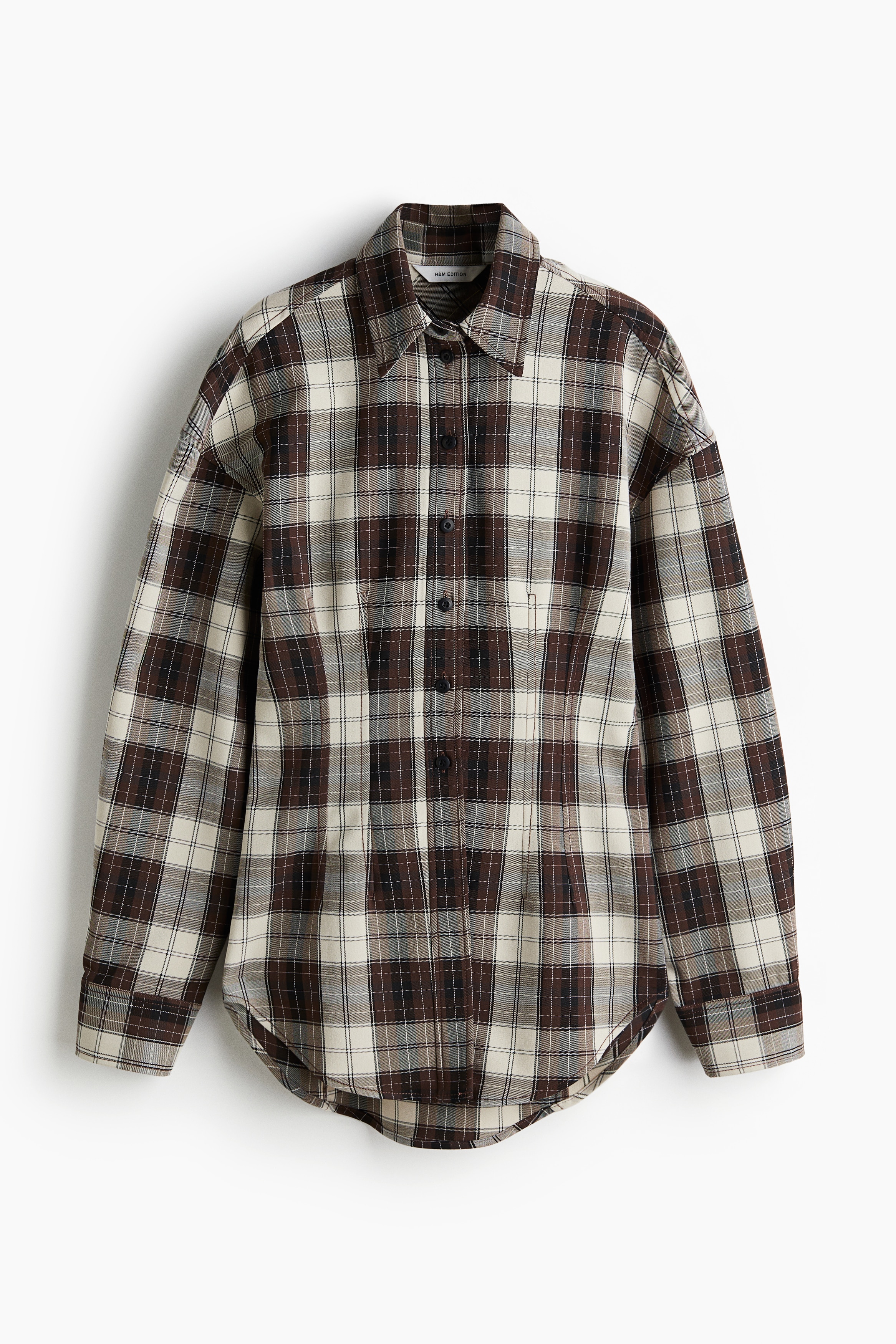 腰身斜紋襯衫 - 咖啡色/格紋