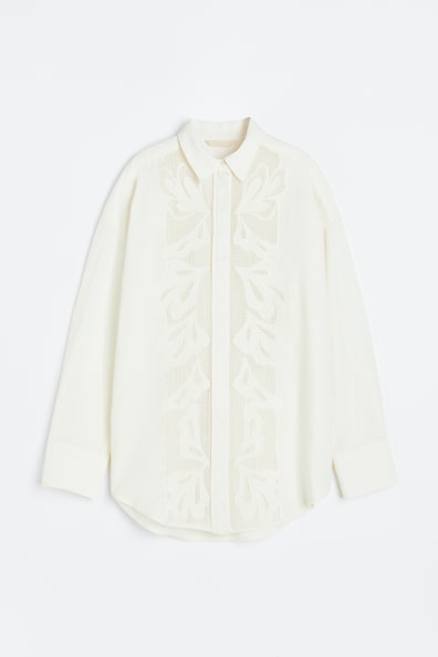 Embroidered shirt - Long sleeve - Long - Cream - Ladies | H&M GB