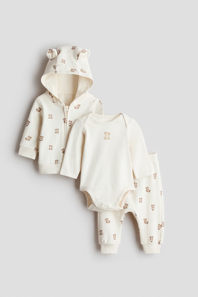 3-piece cotton set - Light beige/Teddy bears/White/Striped/Light beige marl/Floral/Light beige/Animals - 1