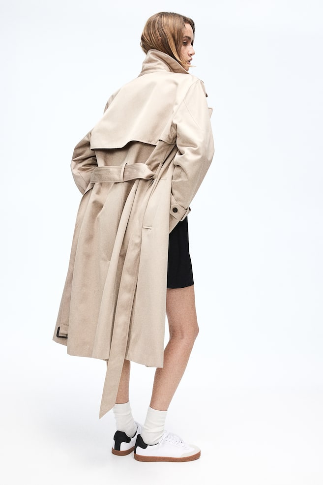 Double-breasted twill trench coat - Beige/Black - 1