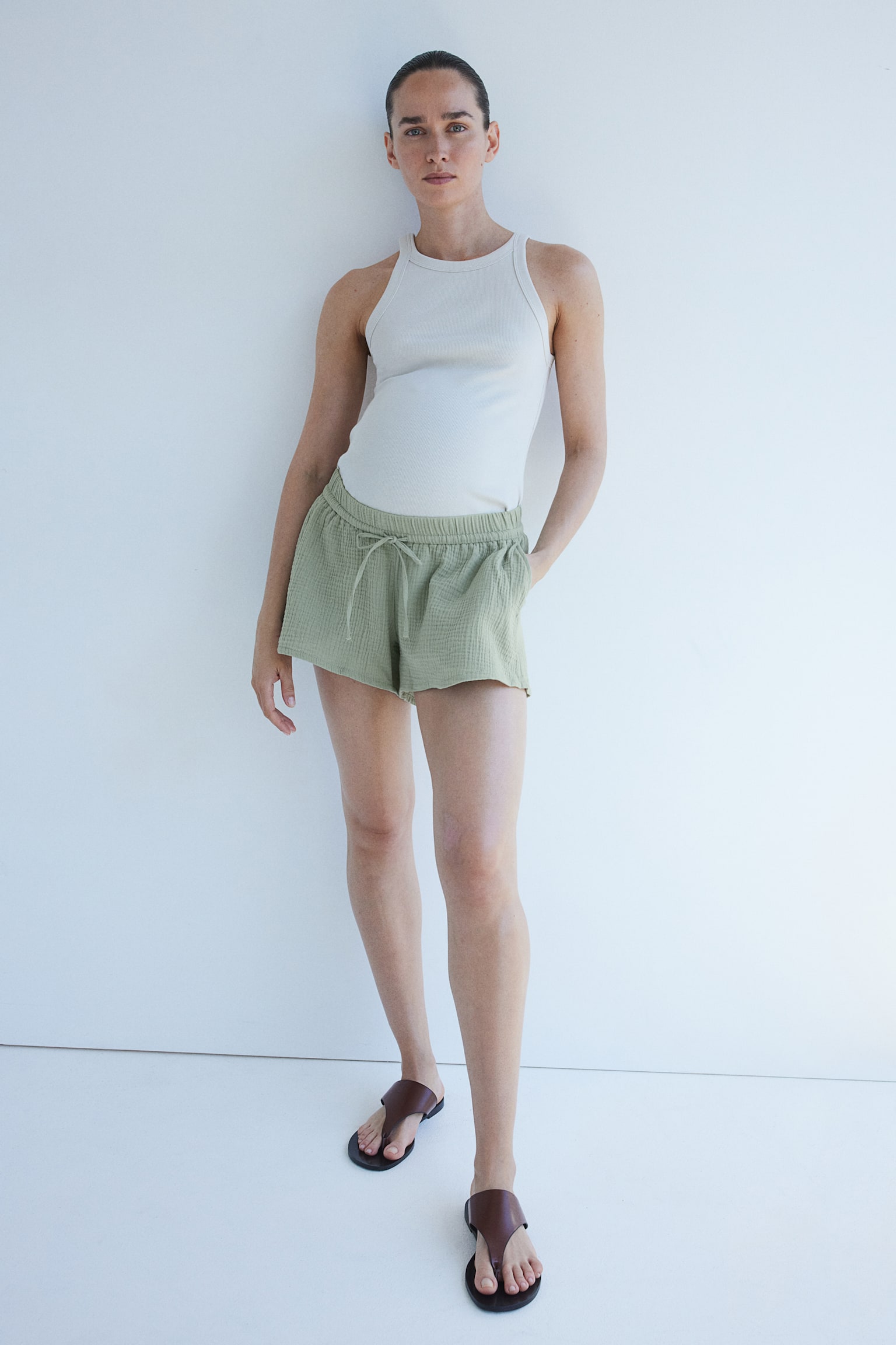 MAMA Before & After Cotton Muslin Shorts - Light khaki green/White - 1