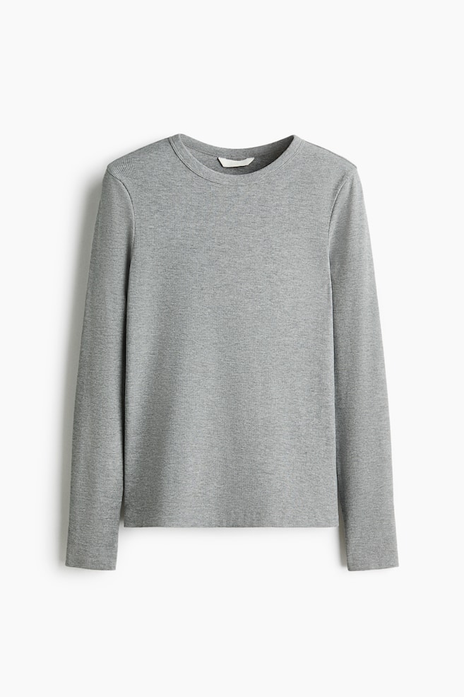 Ribbed Cotton-Blend Top - Gray melange/Light turquoise - 1