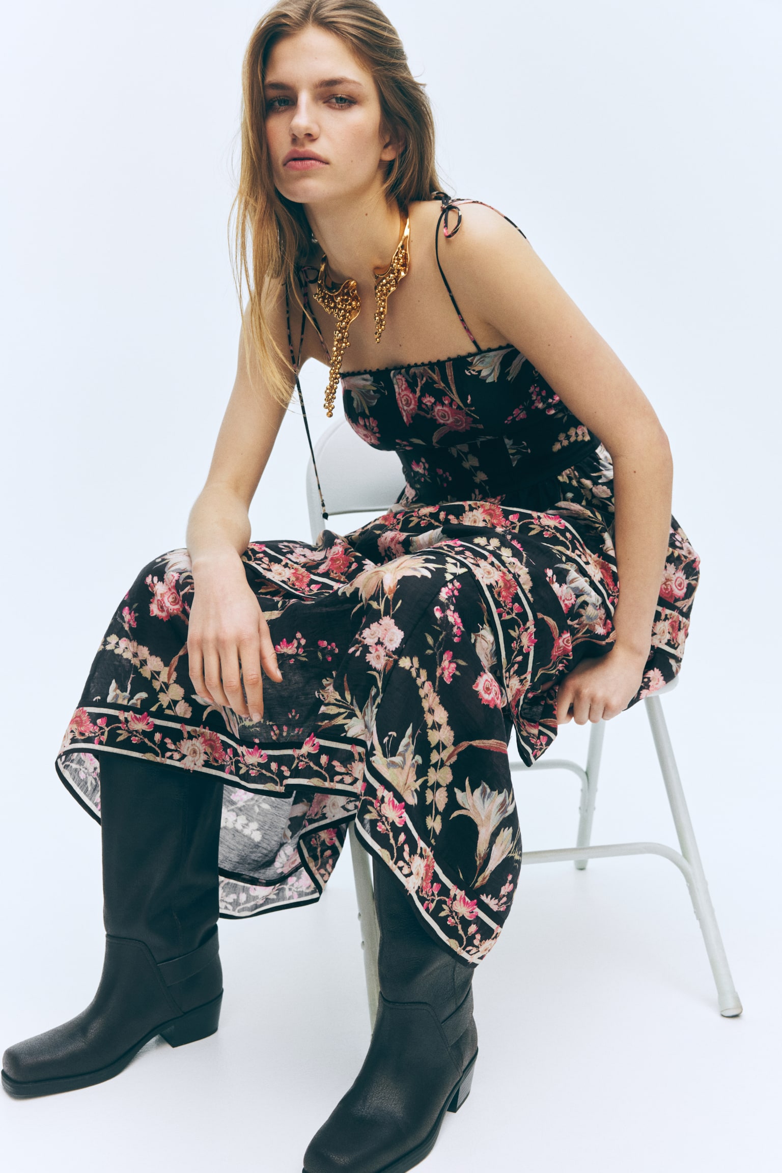 Tiered linen-blend dress - Black/Floral - 3