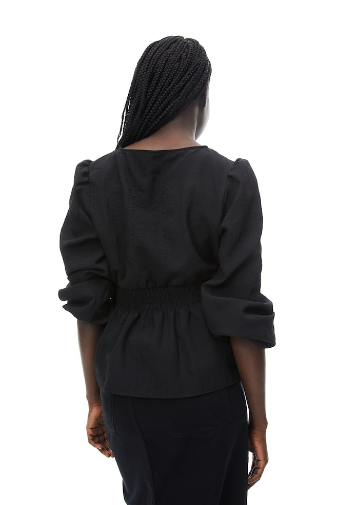 Crêpe puff-sleeved blouse - Black/Black/Checked - 6