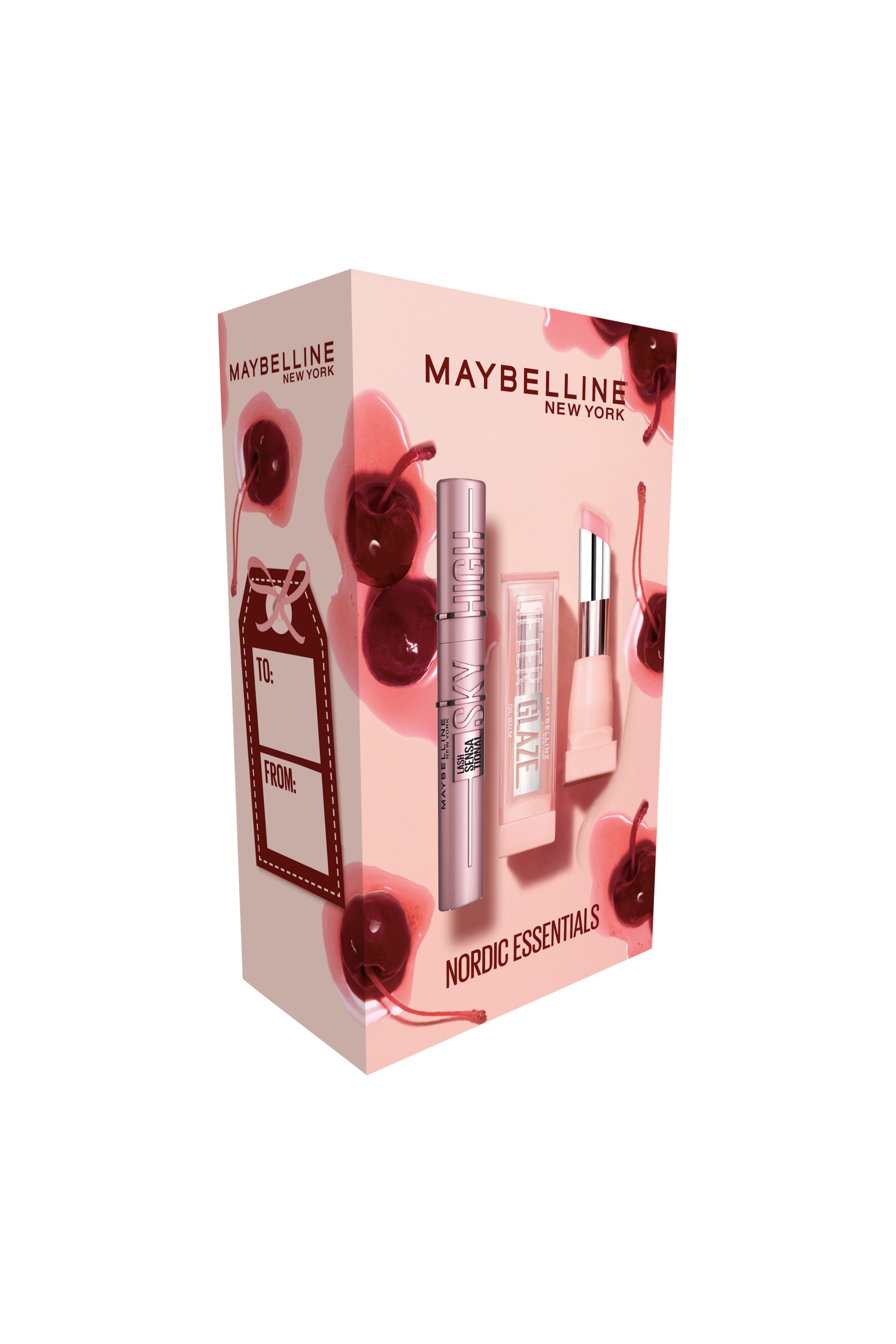 Se større billede: En lyserød rektangulær gaveæske fra Maybelline New York står i en trekvart vinkel og viser billeder af en metallisk lyserød Lash Sensational Sky High mascara-tube og en Lifter Glaze balm. Emballagen har illustrationer af mørkerøde kirsebær med blanke stænk og et "To/From"-gavemærke på sidepanelet.