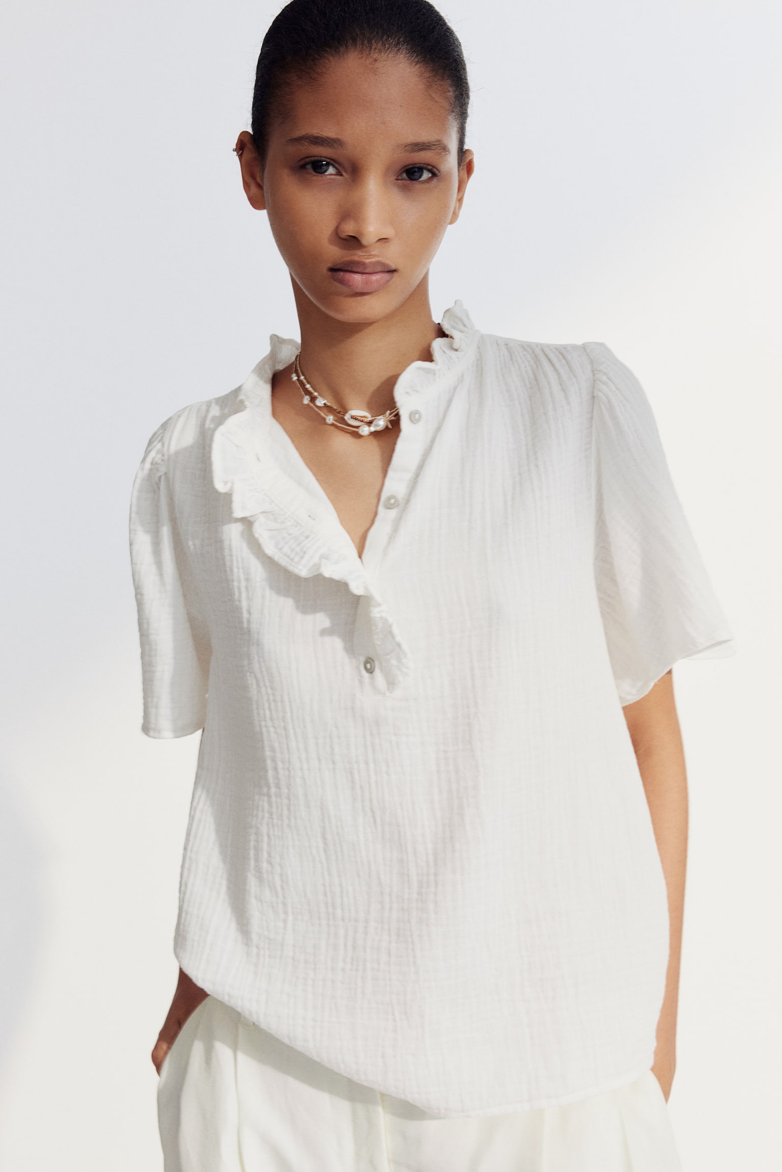 Frill Trim Muslin Blouse - White - 1