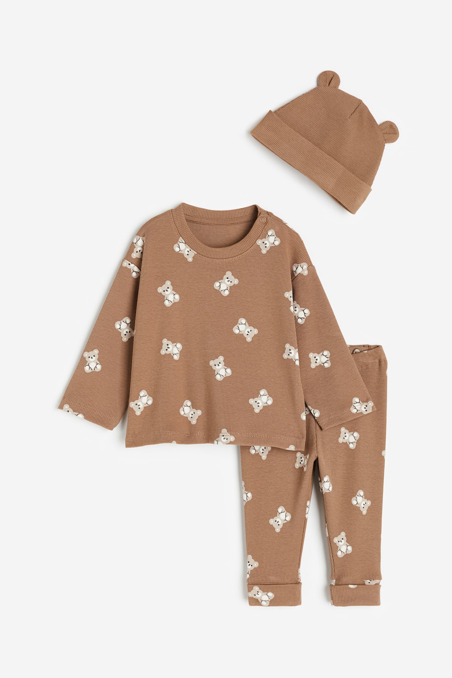 3-piece Rib Jersey Set - Brown/Teddy bears/Beige/Pattern - 1