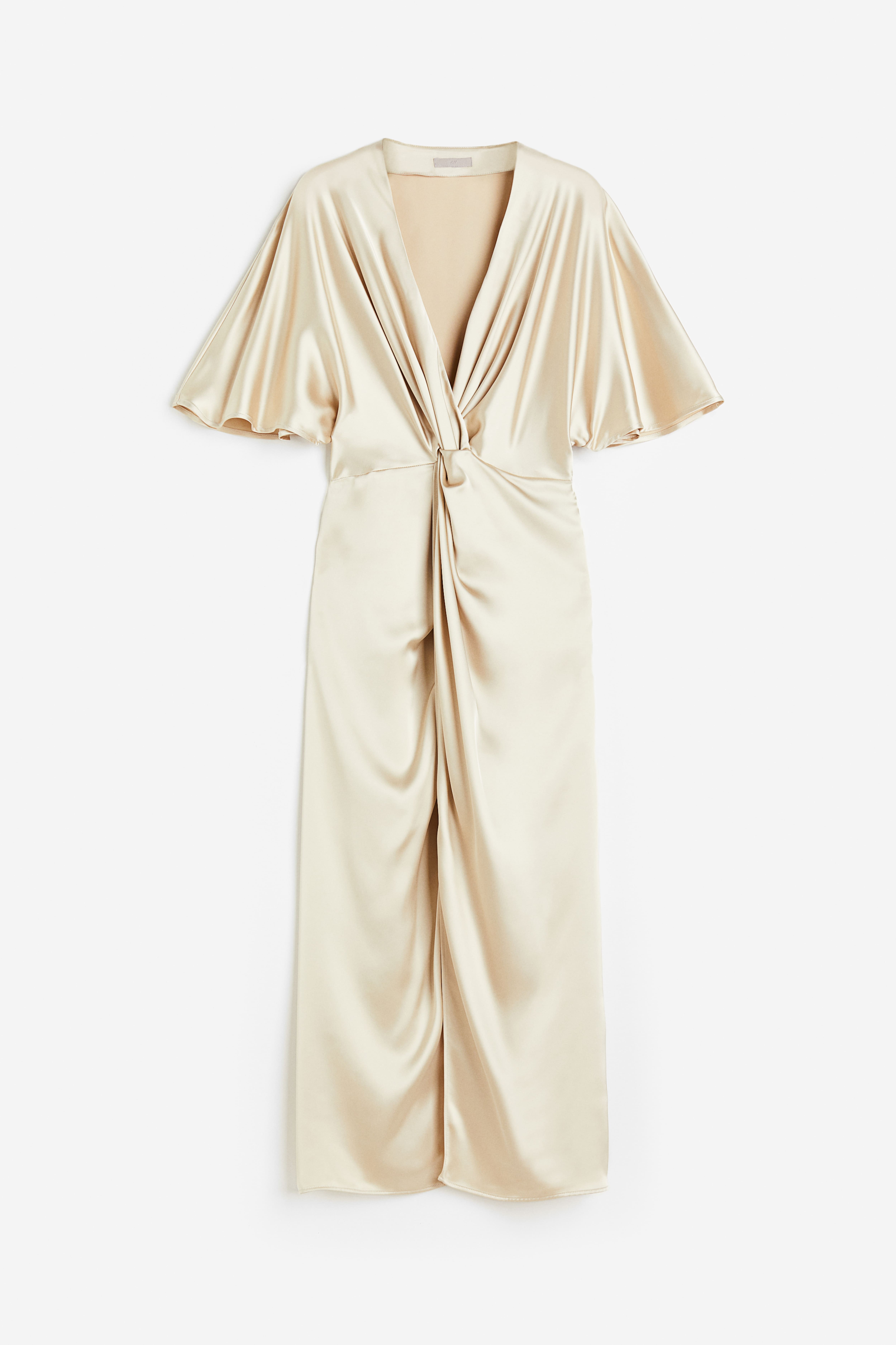 Draped Satin Dress - Plunge Neckline - Short sleeve - Light beige - Ladies  | H&M US