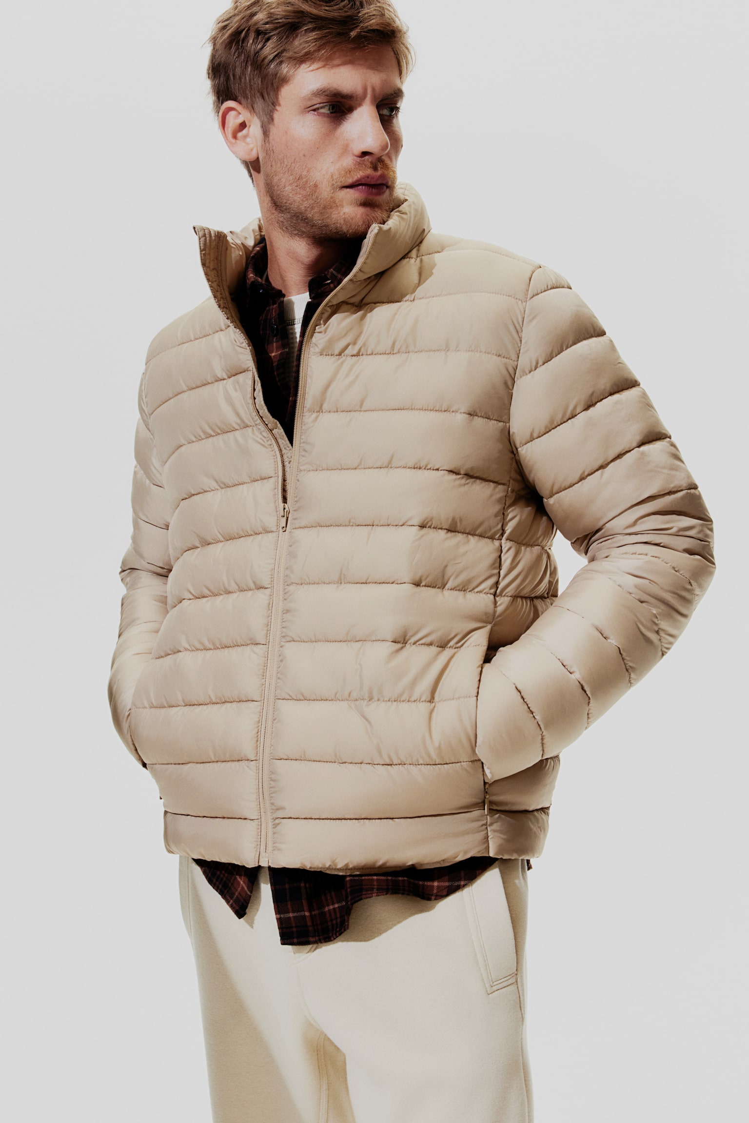 Slim Fit Lightweight puffer jacket - Beige/Black - 1