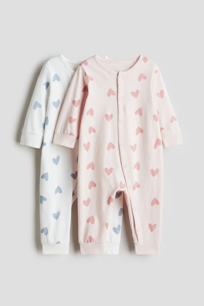 Pack de 2 pijamas de corpo inteiro em algodão - Rosa claro/Corações/Bege claro/Urso de peluche/Bege claro/Elefantes/Rosa claro/Coelhinhos/Rosa/Floral/Lilás claro/Corações/Rosa/Laços/Verde claro/Bagas - 1