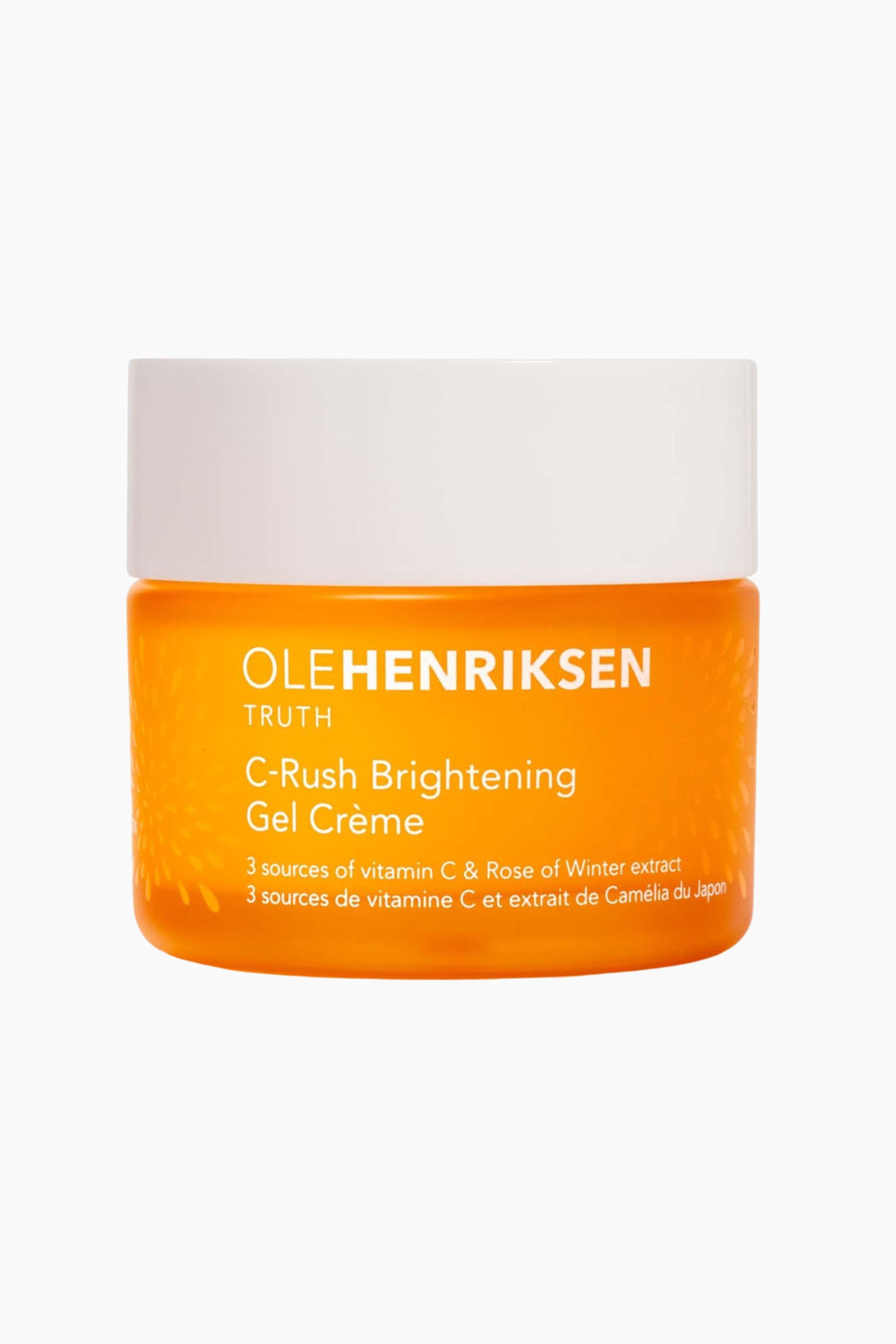 Se større billede: En Ole Henriksen C-Rush Brightening Gel Cr�me-krukke vises med et hvidt låg og en orange beholder, vendt mod fronten. Produktnavnet og brandet er trykt med hvid tekst på den orange beholder, og et diskret solstrålemønster ses på nederste venstre side.