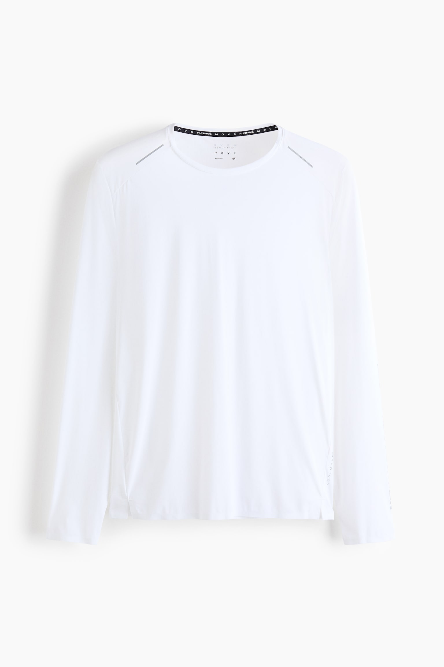 A white, long-sleeve athletic shirt is facing front, displaying a crew neck and raglan sleeves. Thin diagonal reflective stripes are running across the shoulders, and a black inner collar band is showing white printed text. - 1