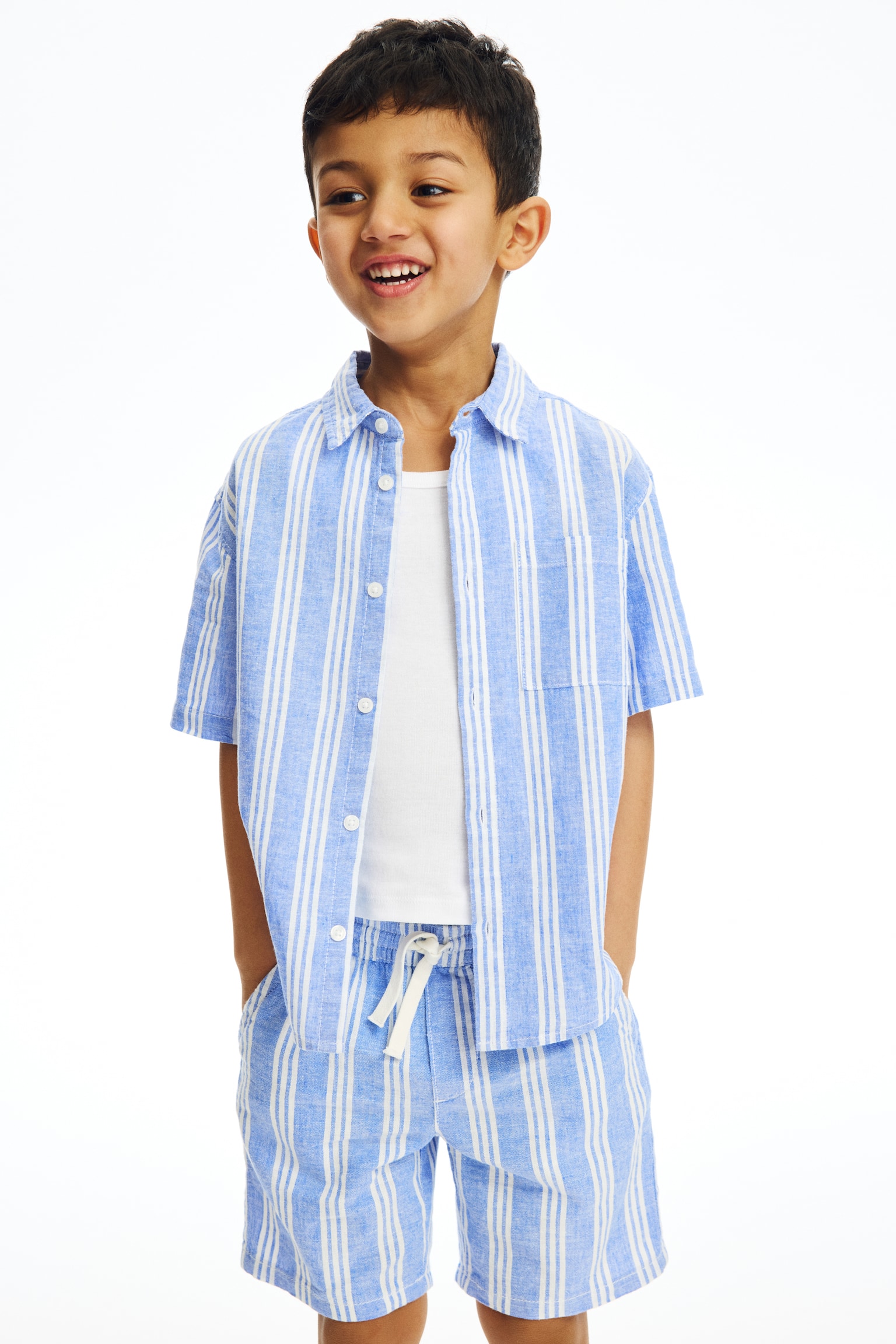 Short-sleeved linen-blend shirt - Light blue/Striped/White/Light beige - 2