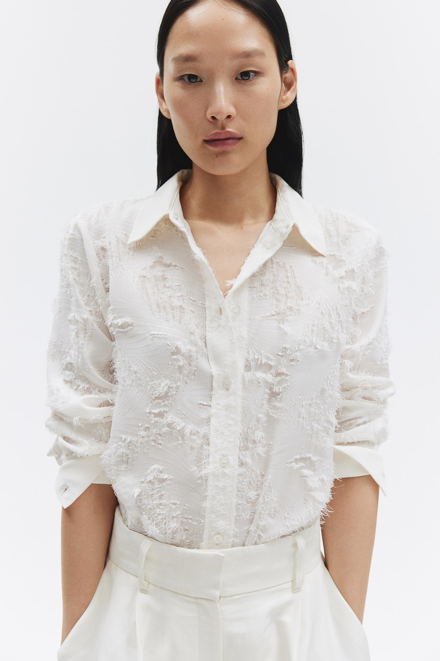 Textured-weave shirt - Cream/Black/Pigeon blue - 4