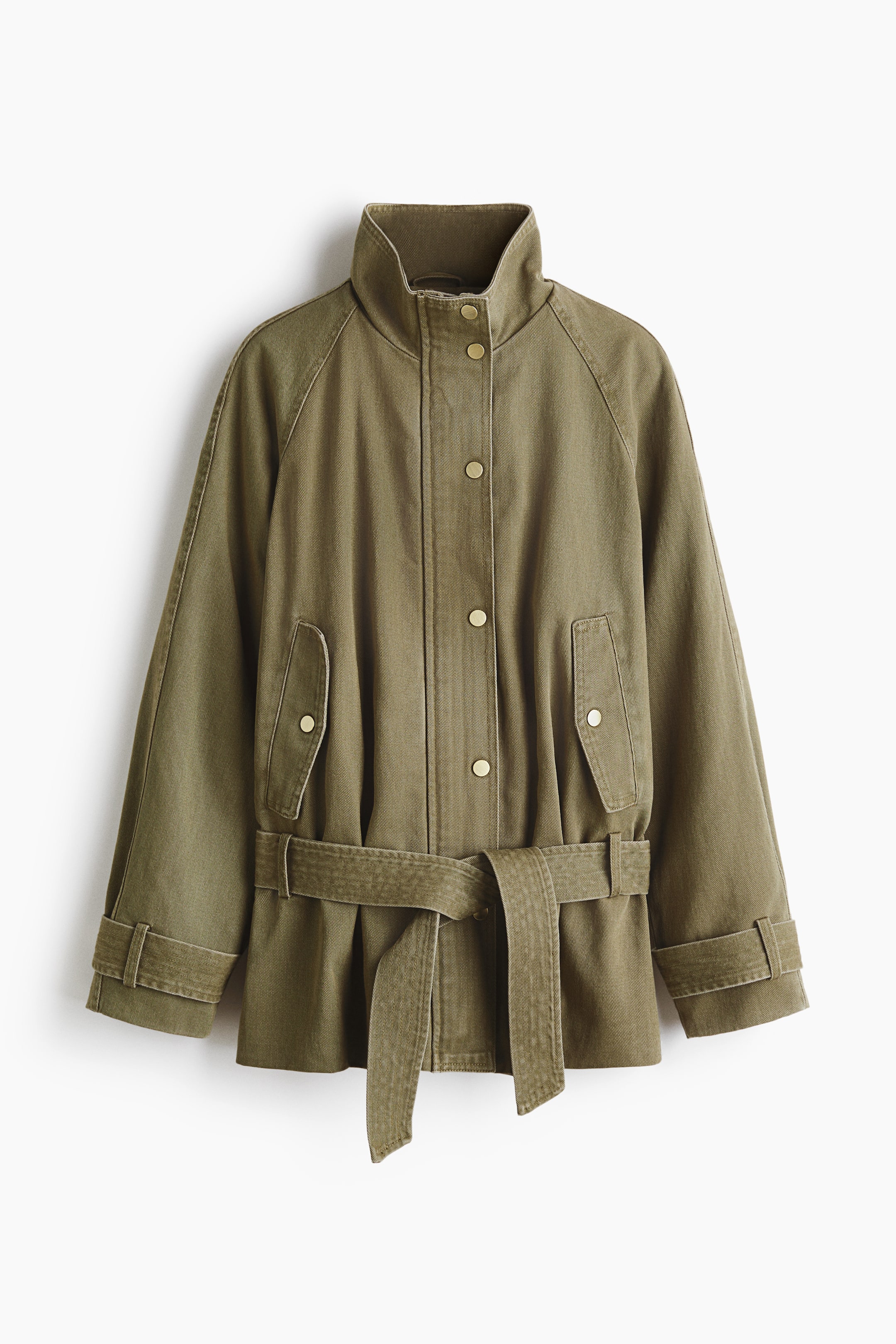 View larger image: An olive green jacket is showcased at the front, featuring a stand-up collar, raglan sleeves, and a snap button fastening. It displays two flap pockets with snap buttons, a matching fabric belt tied at the waist, and cuffs with adjustable tabs.