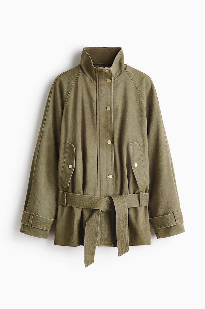 Chaqueta en sarga de algodón con cinturón - Verde caqui - 1