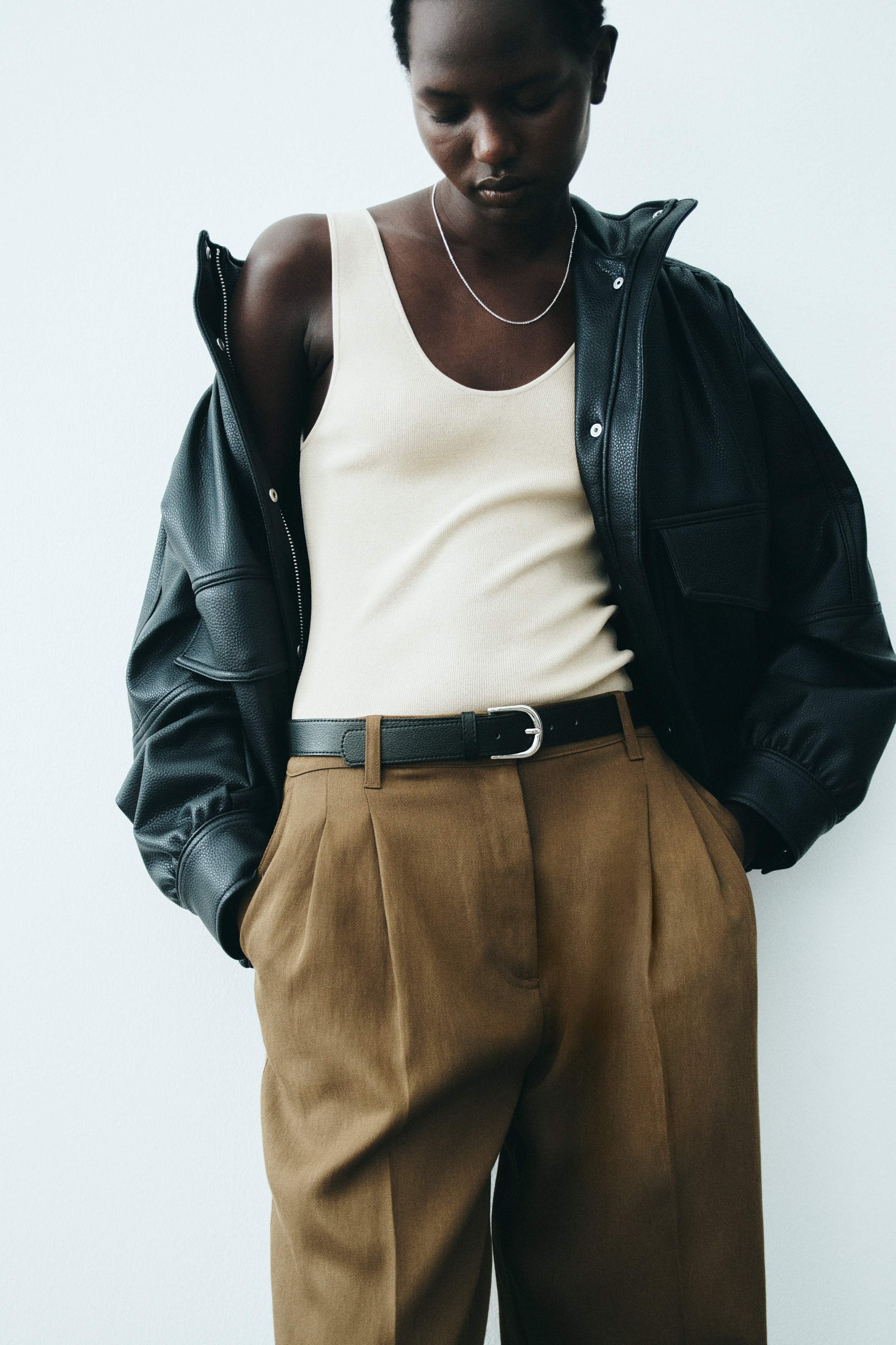 Pantalon van linnenmix - Donker olijfgroen/Dusty donkerroze