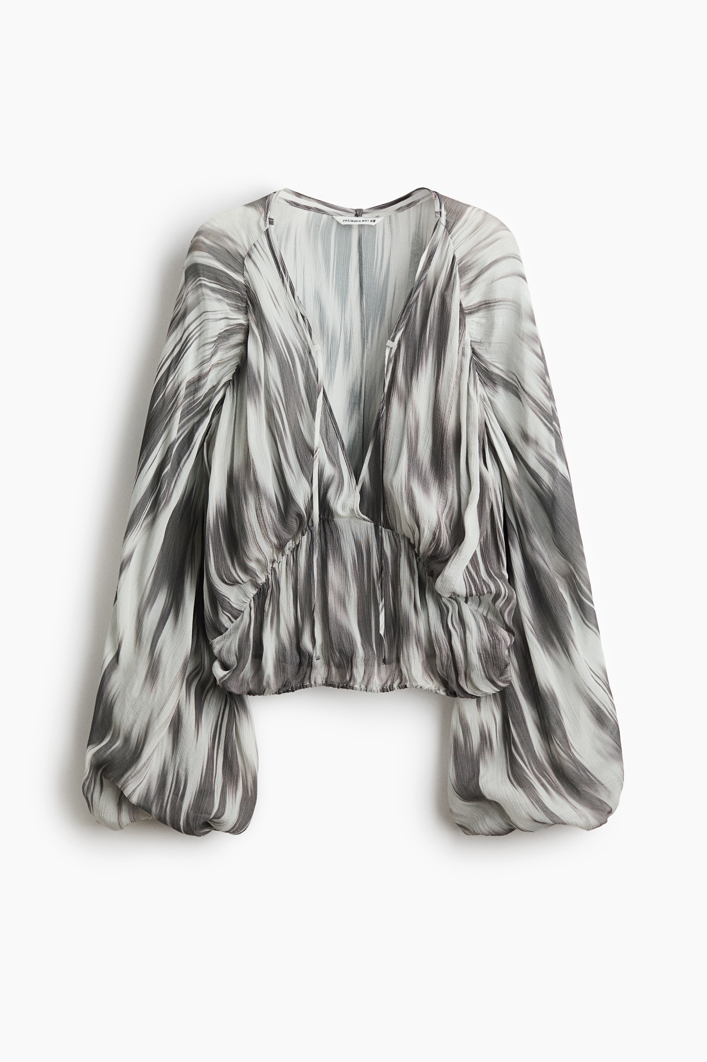 Balloon Sleeve Chiffon Blouse - White/Dark grey pattern