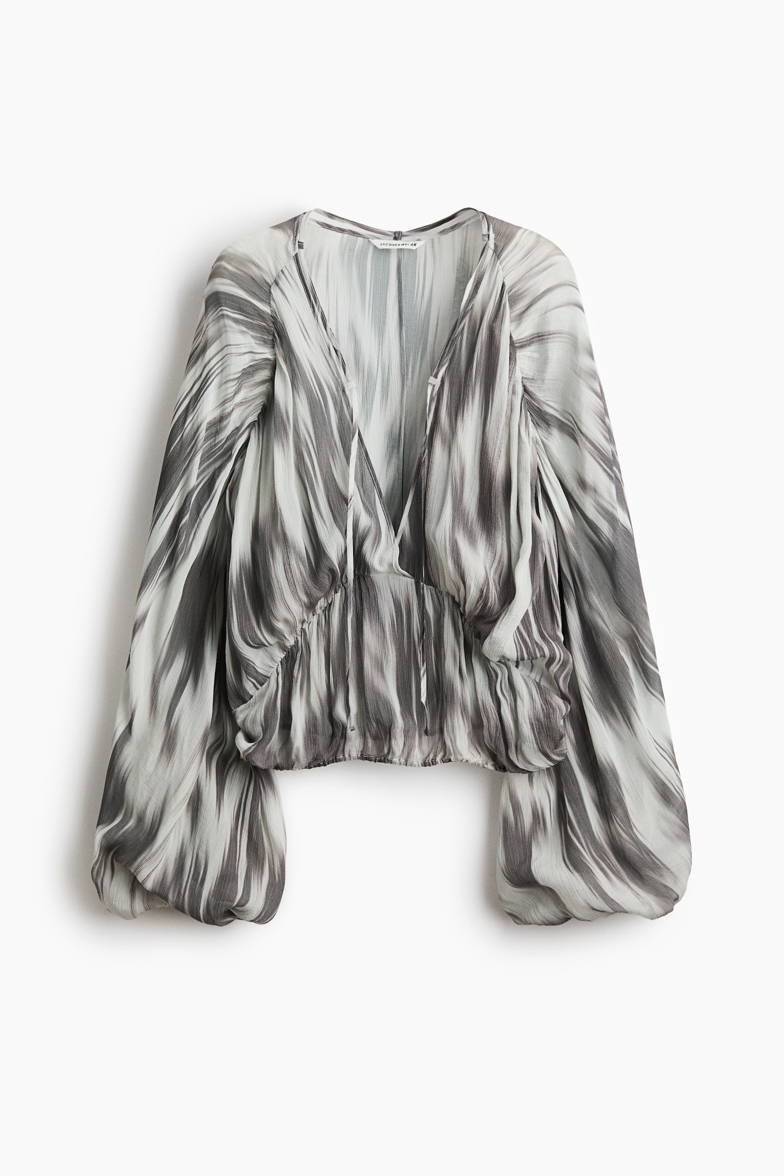 Balloon-sleeved chiffon blouse - White/Dark grey patterned - 1