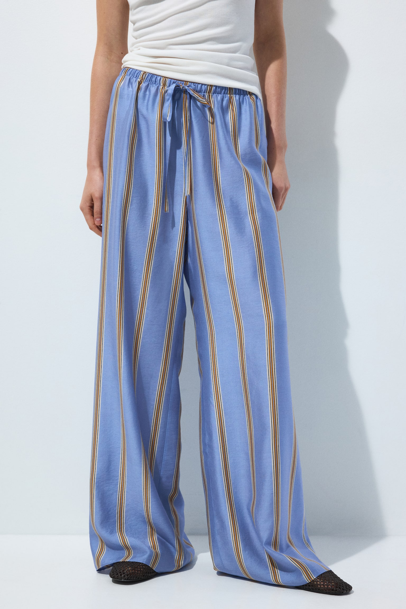 Wide drawstring trousers - Light blue/Striped - 5