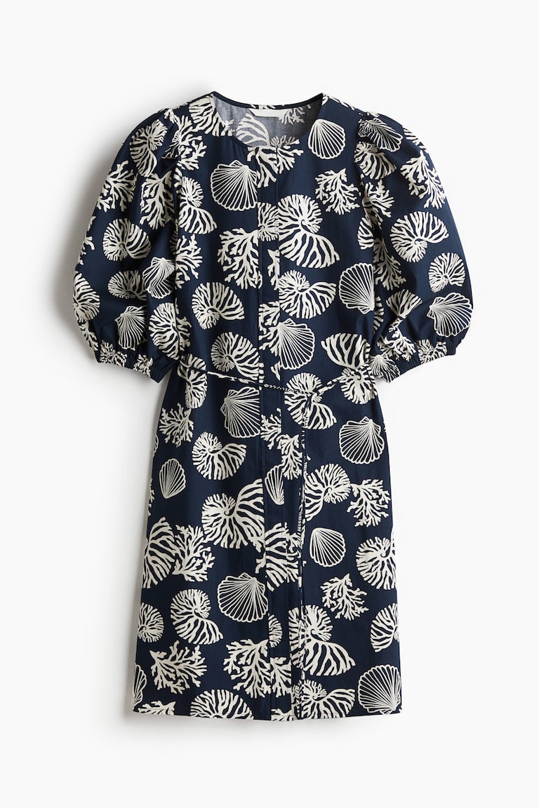 Ladies - Navy Blue/Patterned Puff-Sleeved Dress - Size: M - H&M Ladies - Navy Blue/Patterned Puff-Sleeved Dress - Size: M - H&M