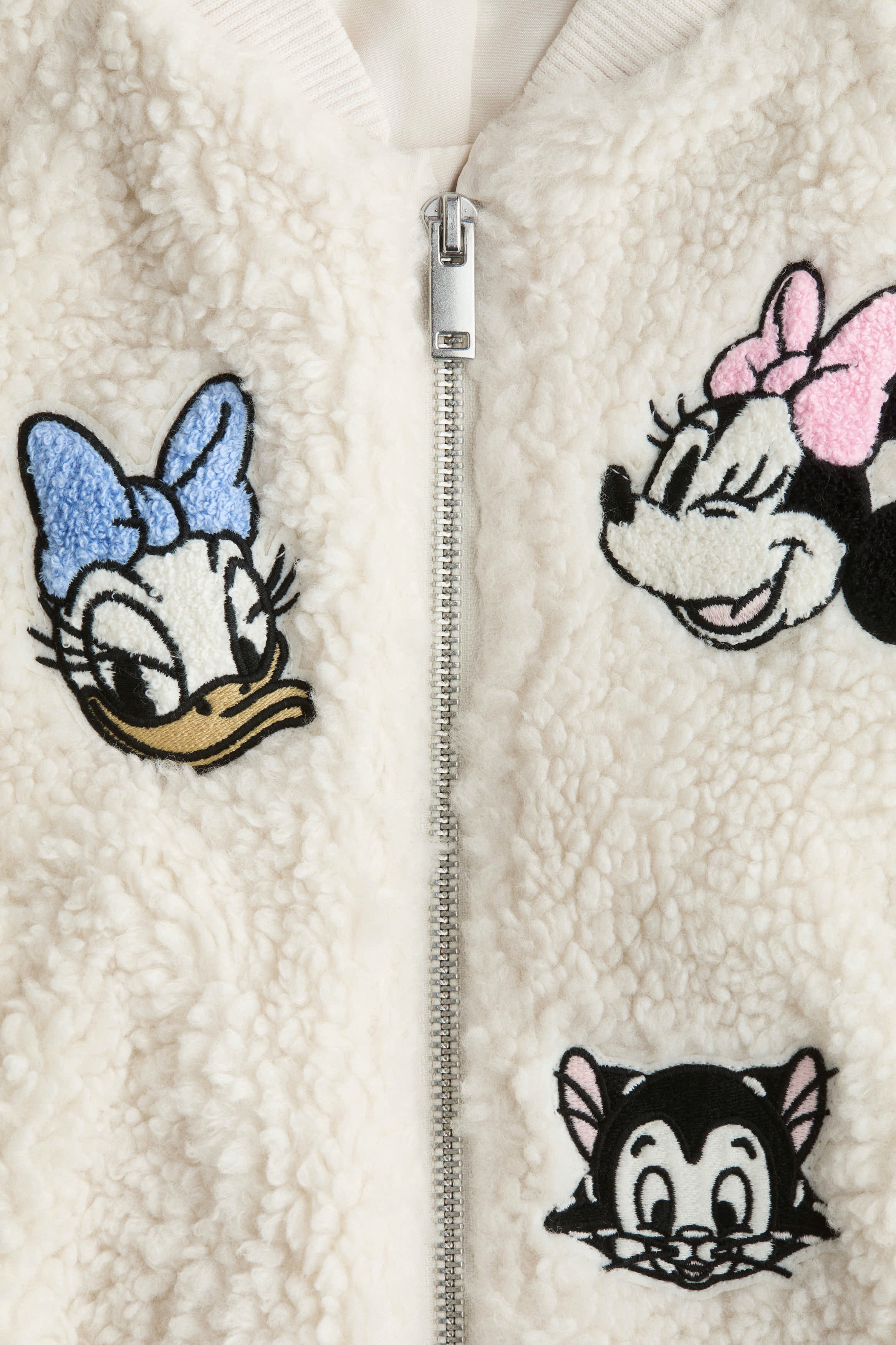 Beige/Minnie Mouse Appliquéd Teddy Fleece Bomber Jacket for kids