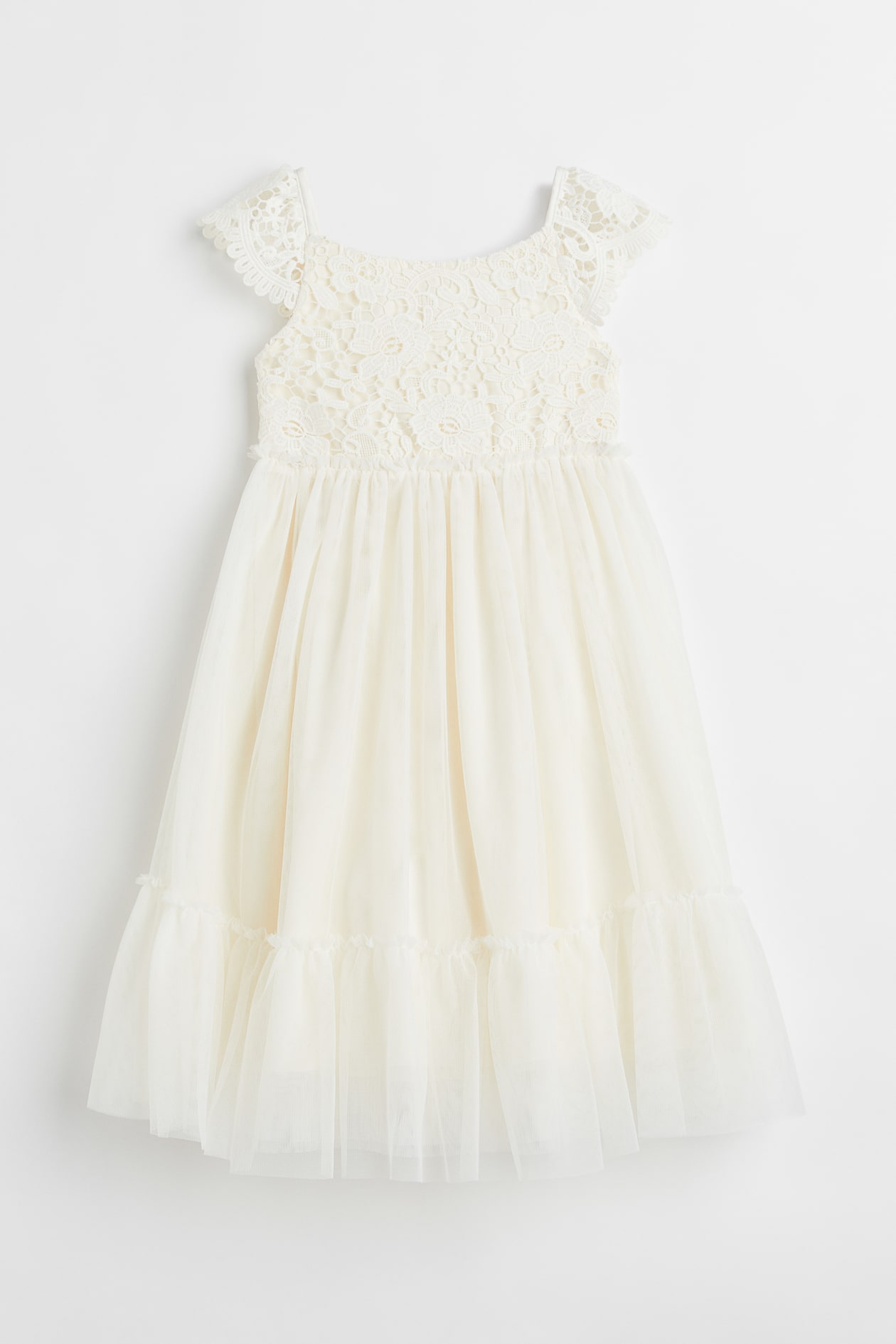 Lace and tulle dress - Round neck - Short sleeve - Natural white - Kids ...