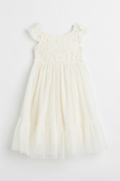 Lace and tulle dress - Round neck - Short sleeve - Natural white - Kids ...