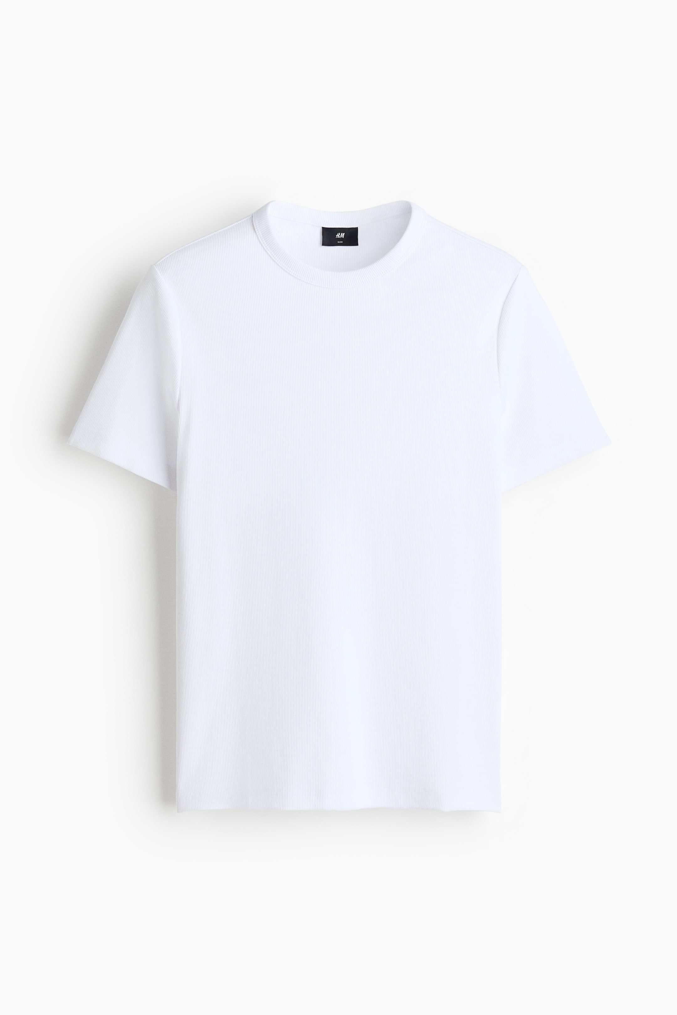 View larger image: "A white ribbed t-shirt is showcasing its front view, featuring a round neckline, short sleeves, and a straight-cut hem. Its slim design creates a fitted silhouette."