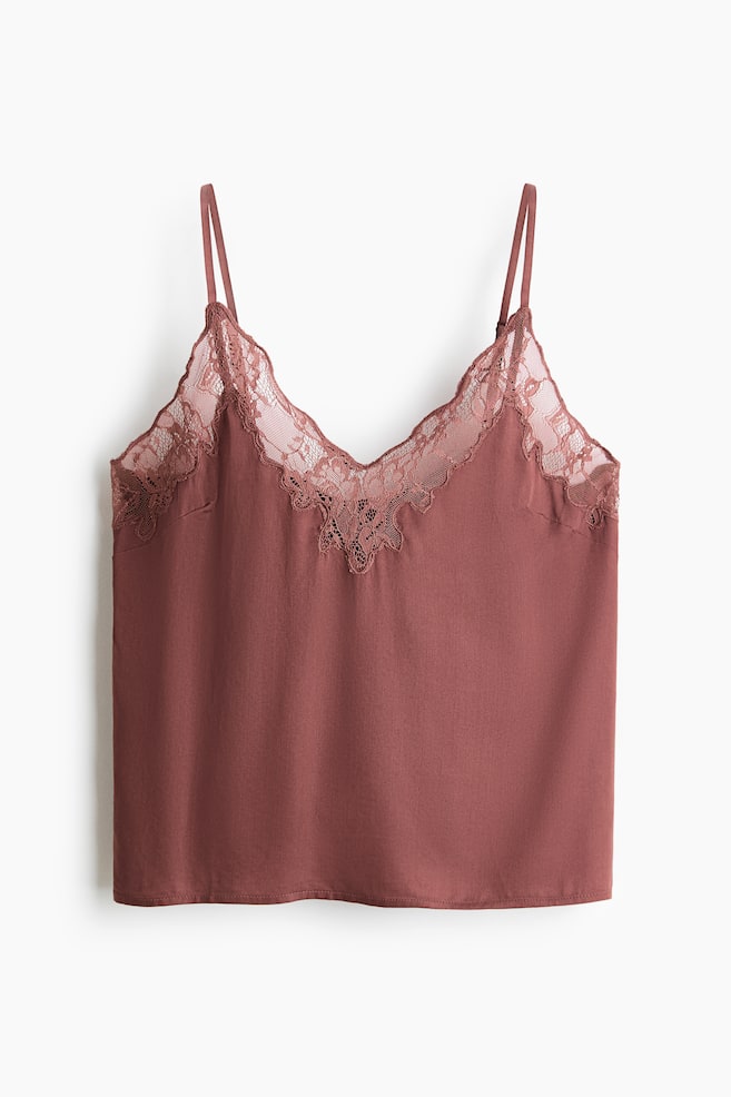 Lace-trimmed satin pyjama top - Dusty maroon/Black - 1