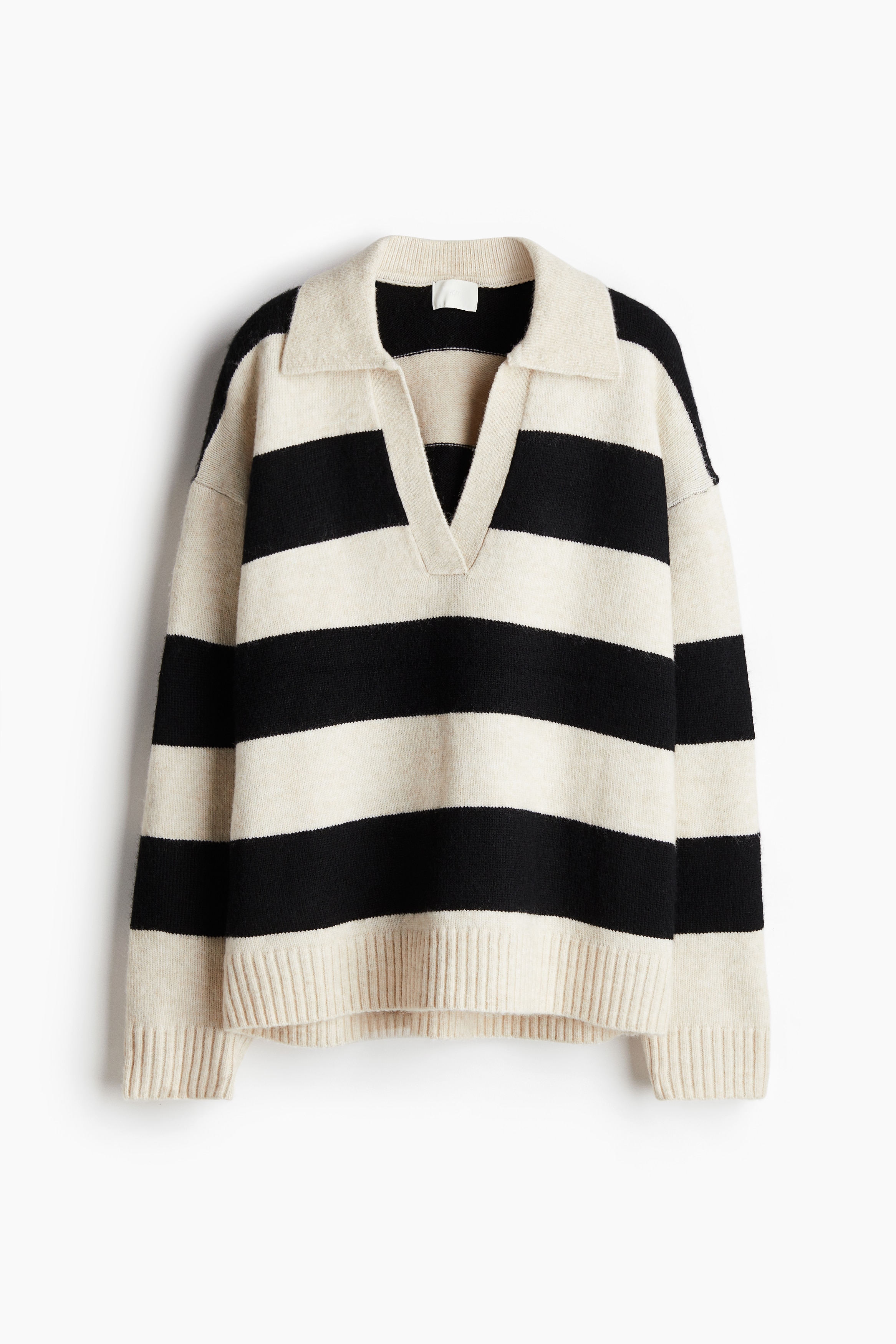 Ladies - Black/Beige striped Fine-knit collared jumper - Size: M  - H&M