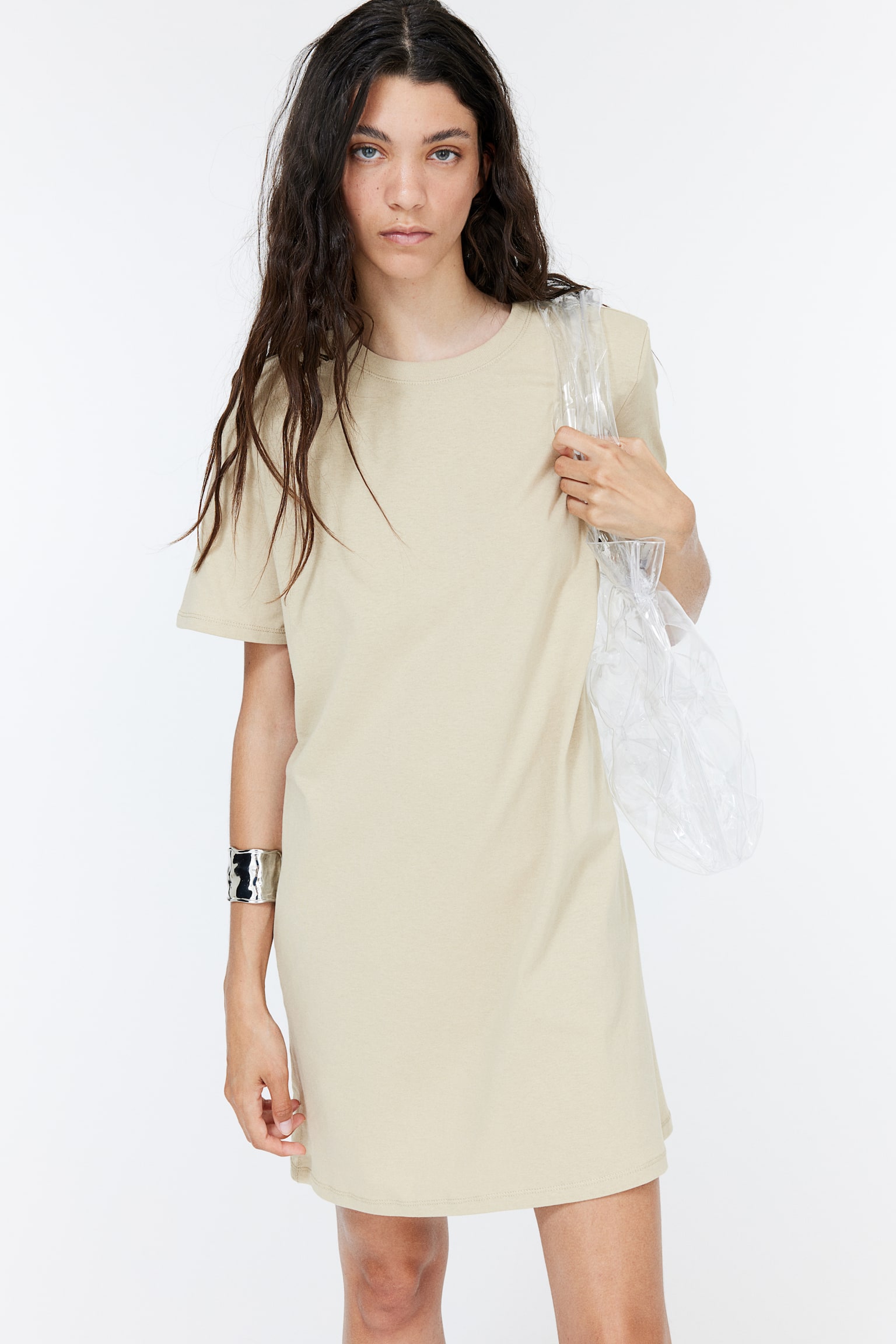 Shoulder-pad T-shirt dress - Light beige/White/Black - 7