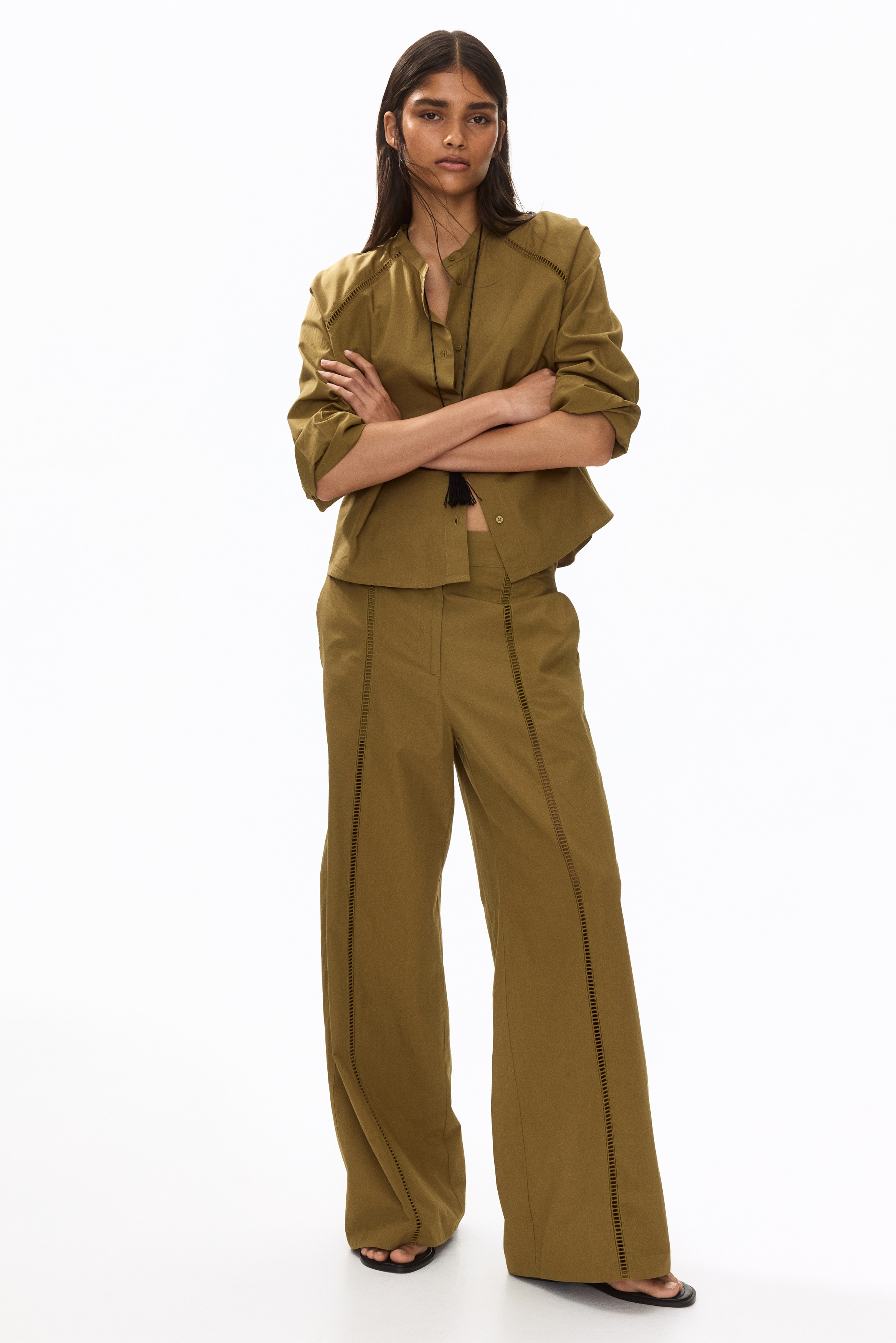 Lace-inset cotton trousers - Khaki green/Light blue