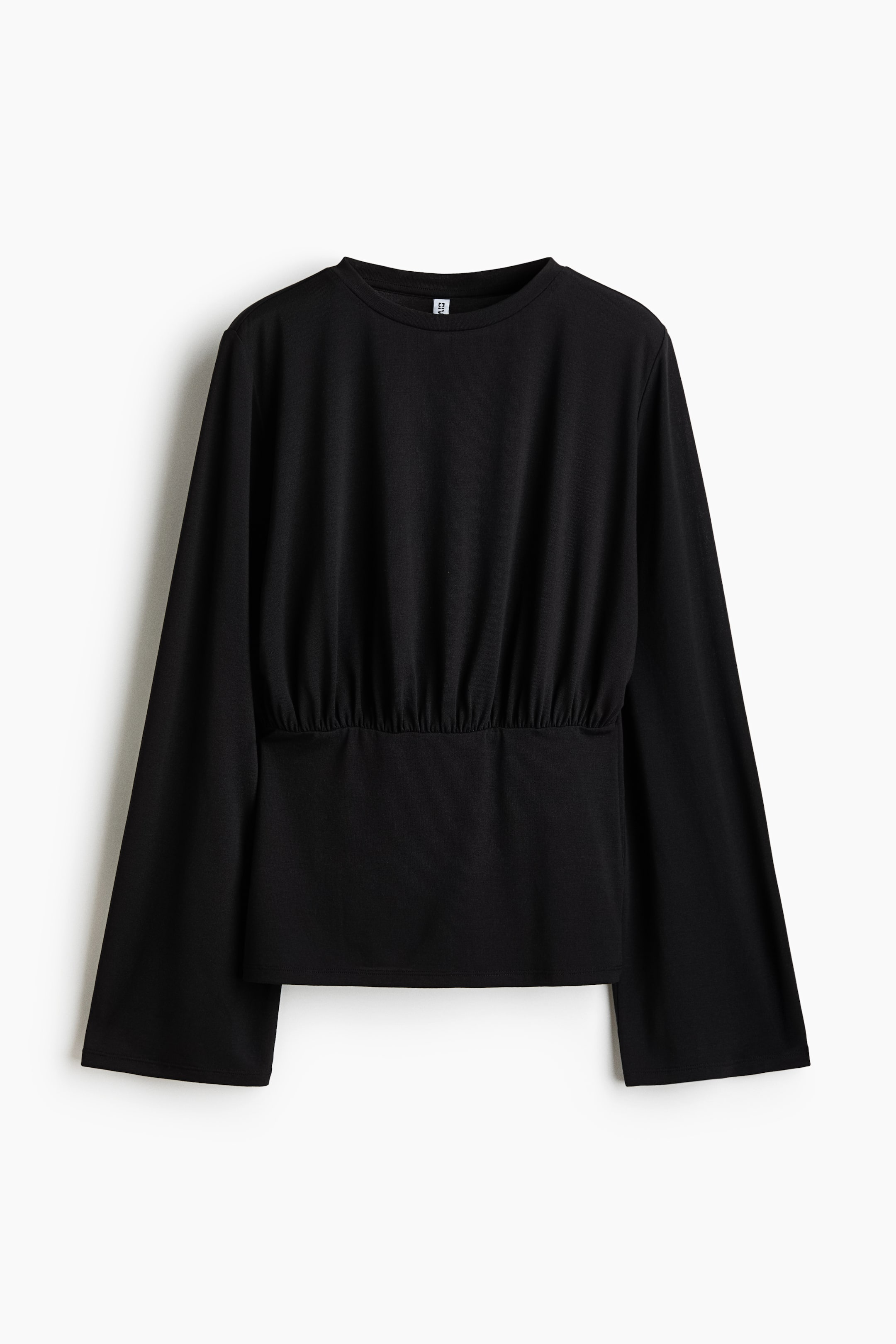 View larger image: A black long-sleeved top featuring a round neck and wide sleeves. It showcases a gathered elasticated waist, creating a blouson effect above a straight hem.