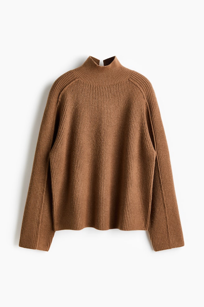 Rib-Knit Mock Turtleneck Sweater - Brown/Light beige - 1