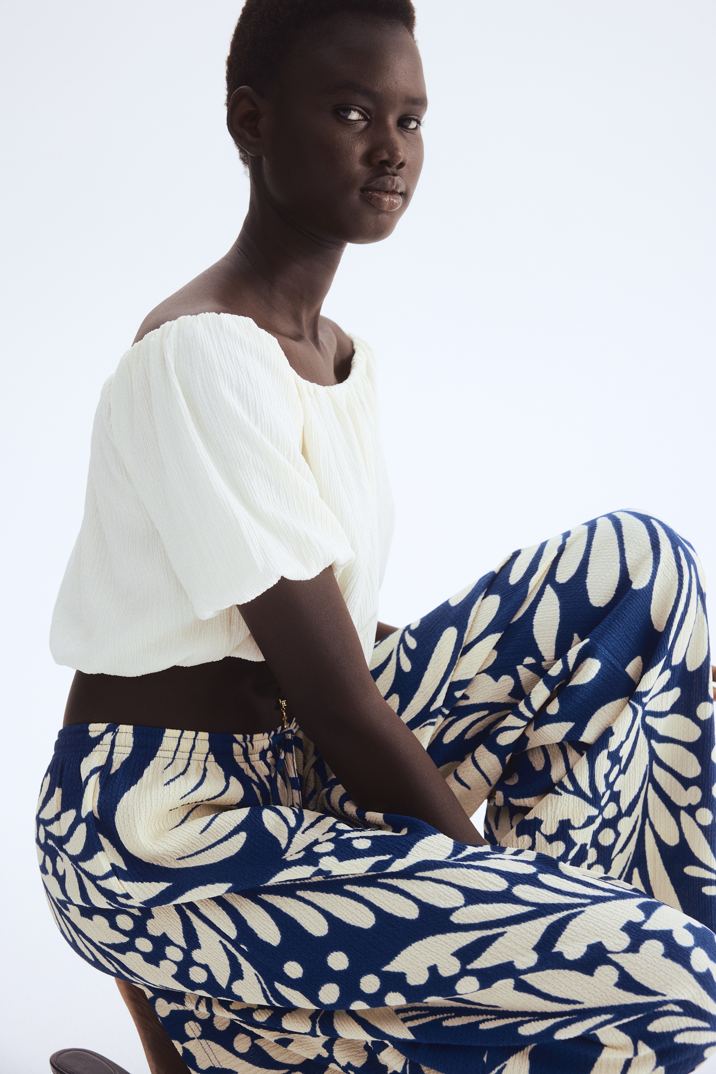 Wide Pull On Pants - Blue/Cream pattern/Black/Beige/Beige/White/Blue stripe/Dark brown/Leopard print
