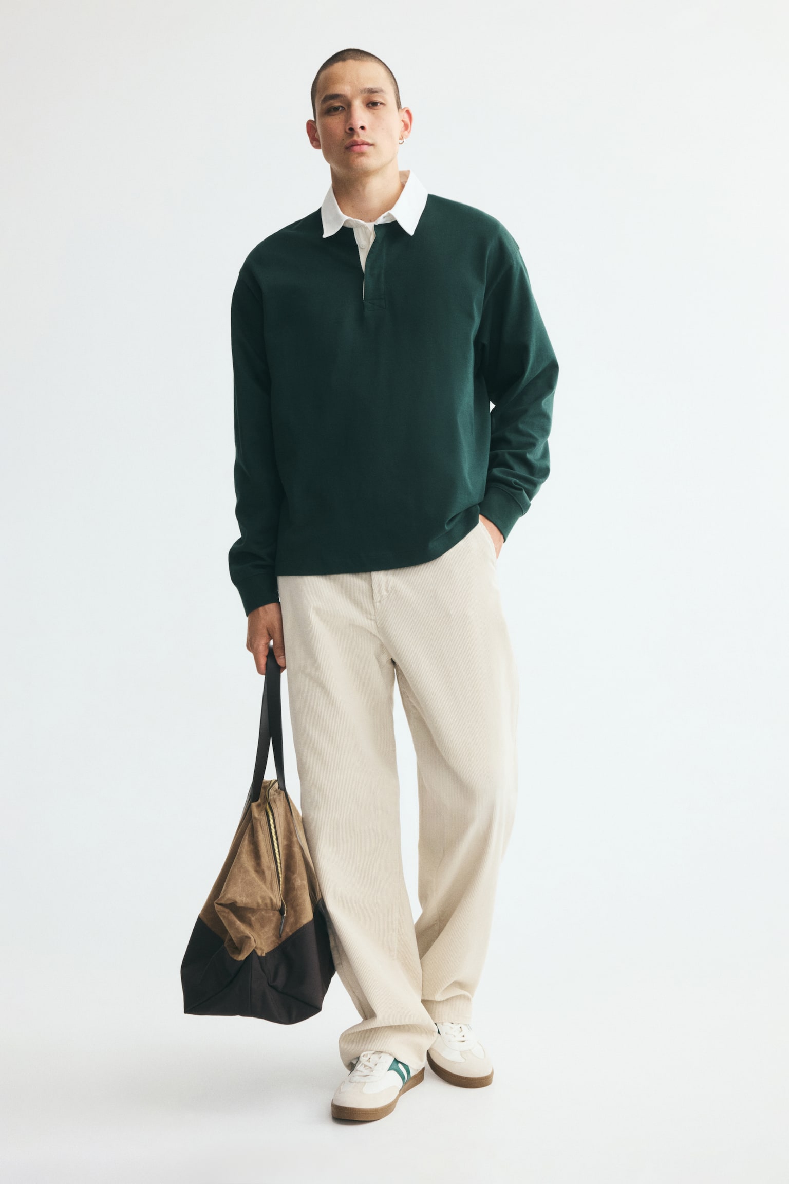 Мужская рубашка H&M Relaxed-Fit Cotton Rugby Shirt, цвет: Зелёный / Белый — фото 3