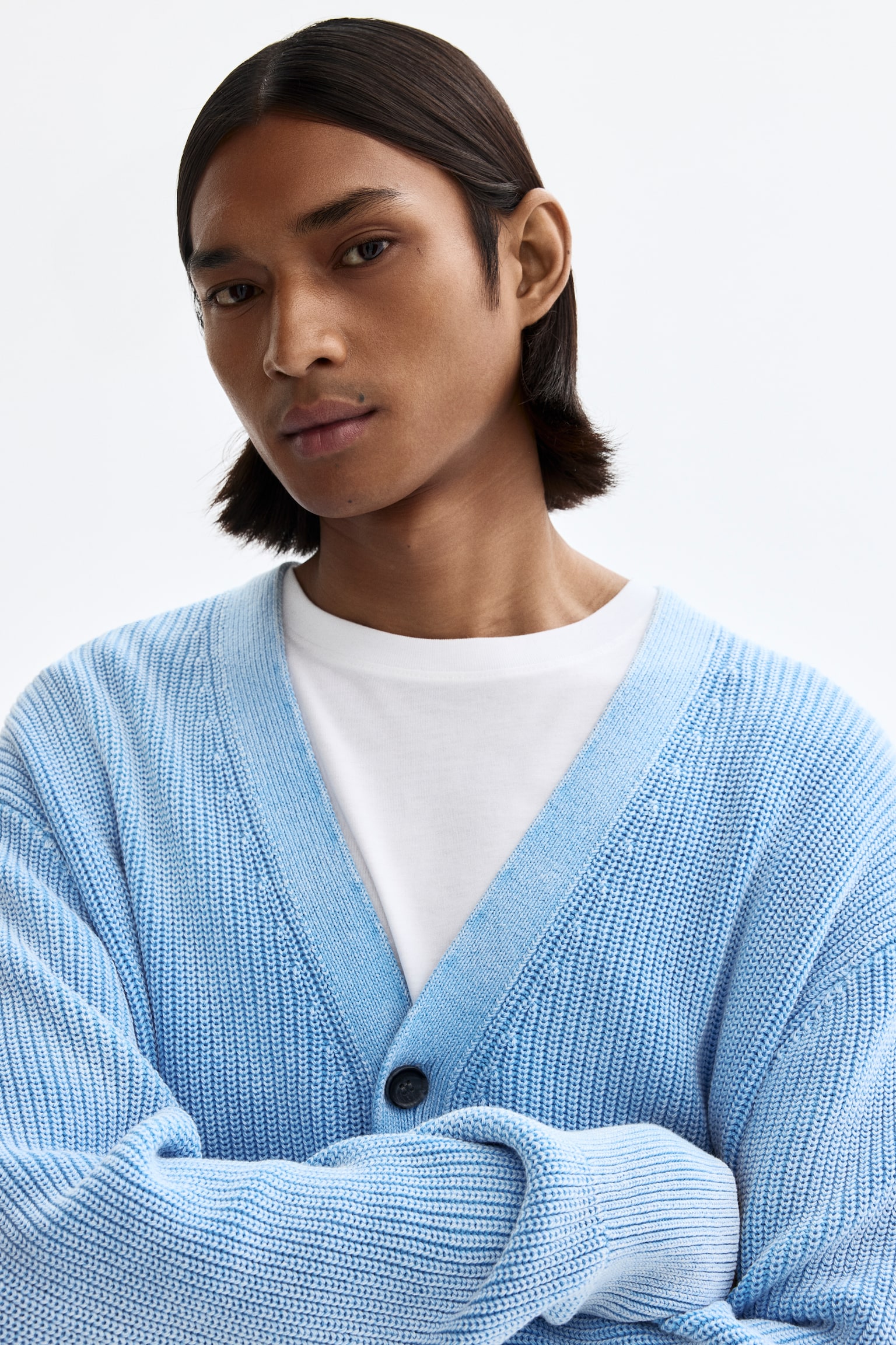 Relaxed Fit Rib-knit cotton cardigan - Light blue/Dark khaki green - 5