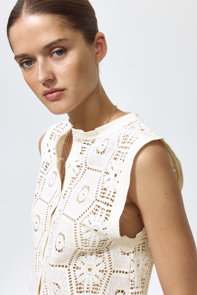 Crochet-Look Button-Front Top-Cream - 4
